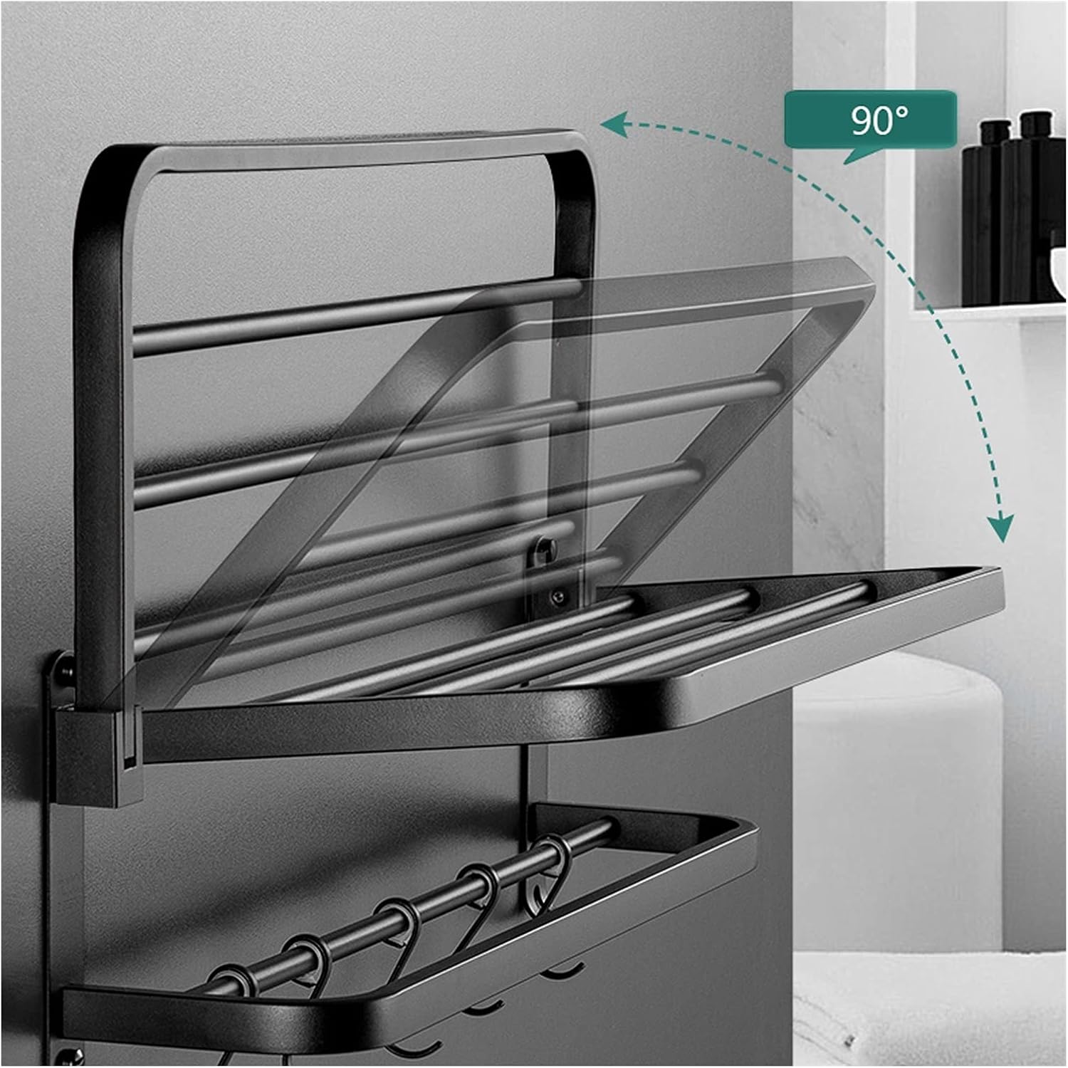 TOMYEUS Shower Caddy Bathroom Shelf Floating Shelves,Wall Mounted Bathroom Wall Shelves with Towel Bar,5 S-Shape Hooks Included,304 Stainless Steel Matte Black Shower Organizer
