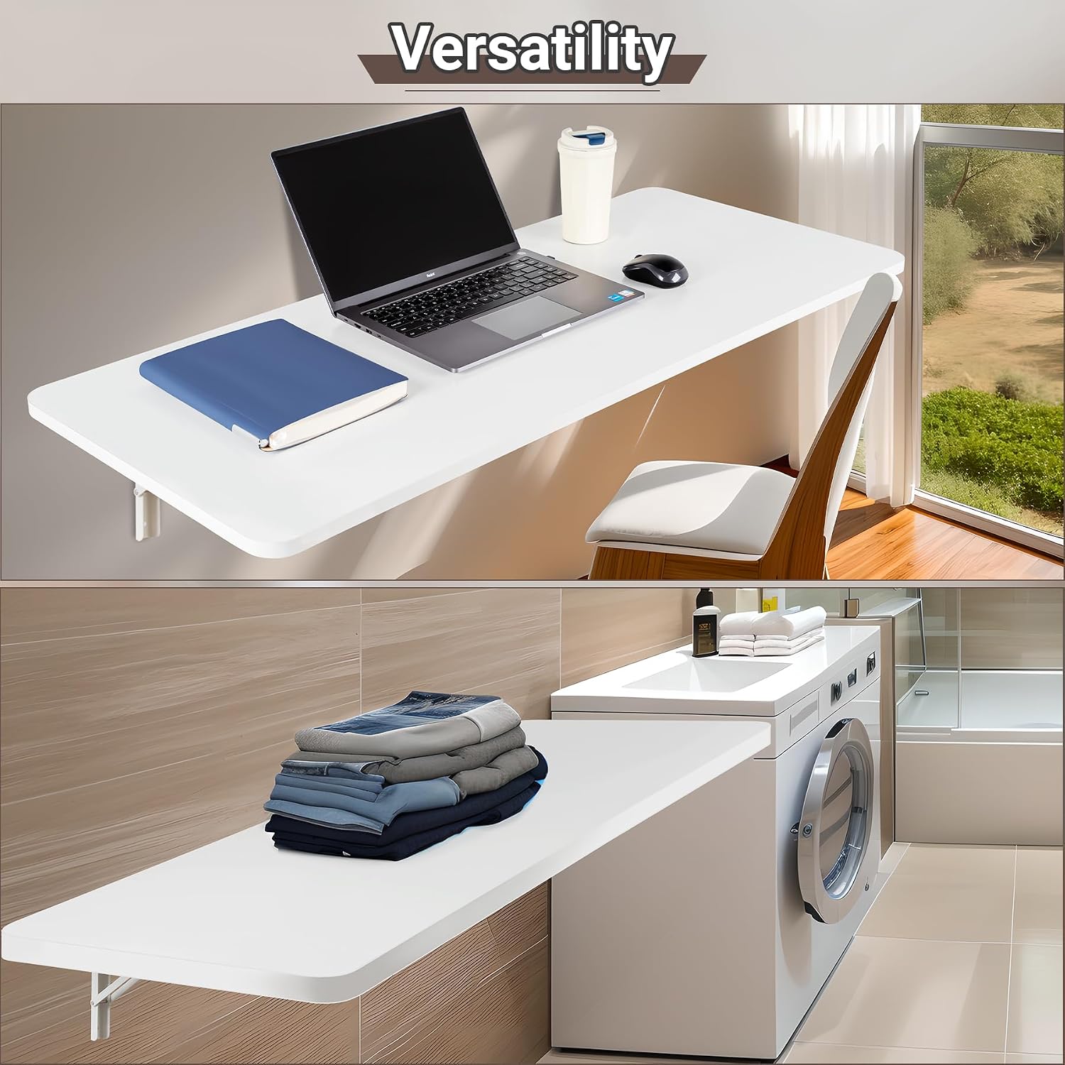 Neoaider Wall Mounted Folding Table 47.2'L x 19.7'W, Laundry Folding Table with Heavy Duty Metal Collapsible Shelf Brackets, Wall Mounted Desk Fold Down for Small Spaces, White