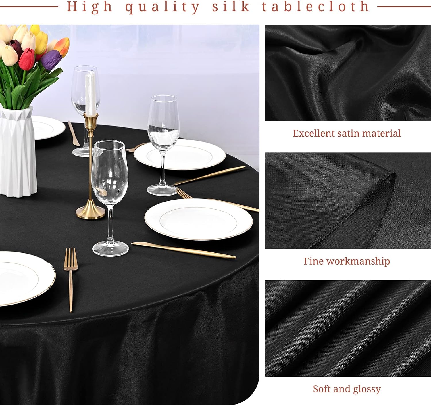 12 Pack 120 Inch Round Tablecloth, Black Satin Fabric Table Cloth for Round Tables, Wrinkle Resistant Washable TableCover Bright Silk Table Clothes for Wedding Party Dining Tables Banquet
