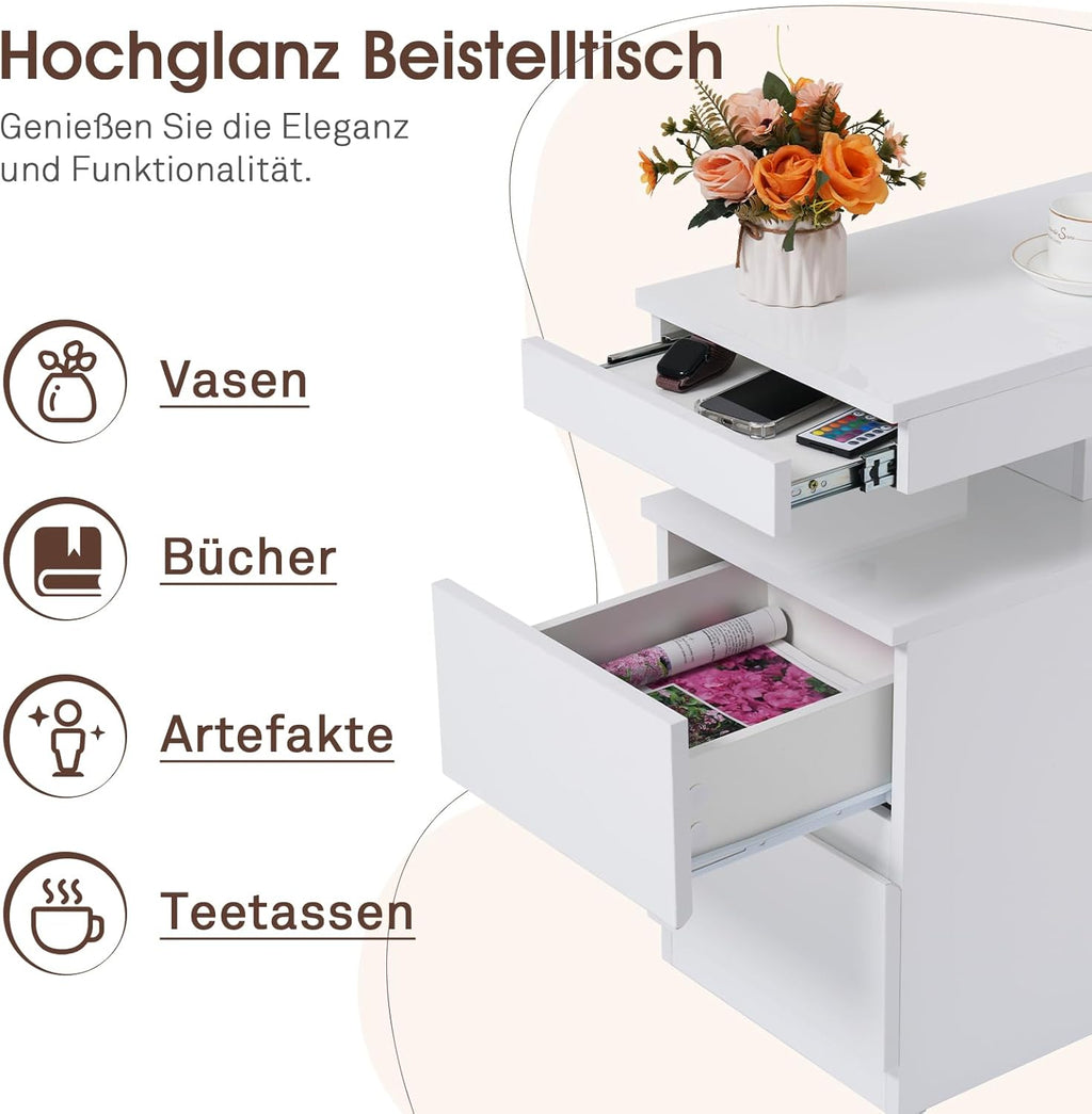OC Orange-Casual LED End Table with Power Outlet, High Glossy Sofa Side Table, Small Nightstand with Drawer and Storage Cabinet, Narrow Side Table with Charging Station for Living Room (1,White)