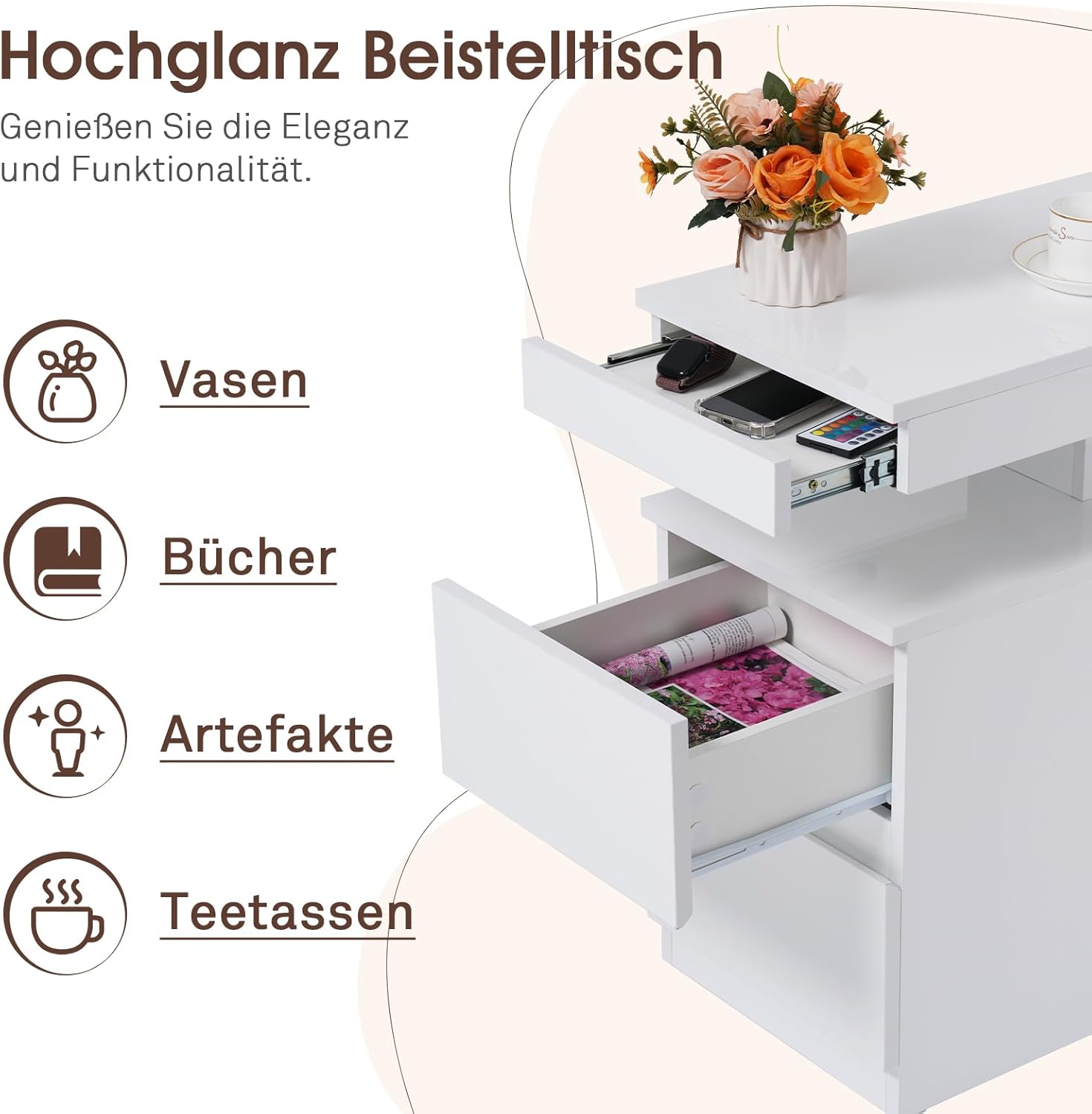 OC Orange-Casual LED End Table with Power Outlet, High Glossy Sofa Side Table, Small Nightstand with Drawer and Storage Cabinet, Narrow Side Table with Charging Station for Living Room (1,White)