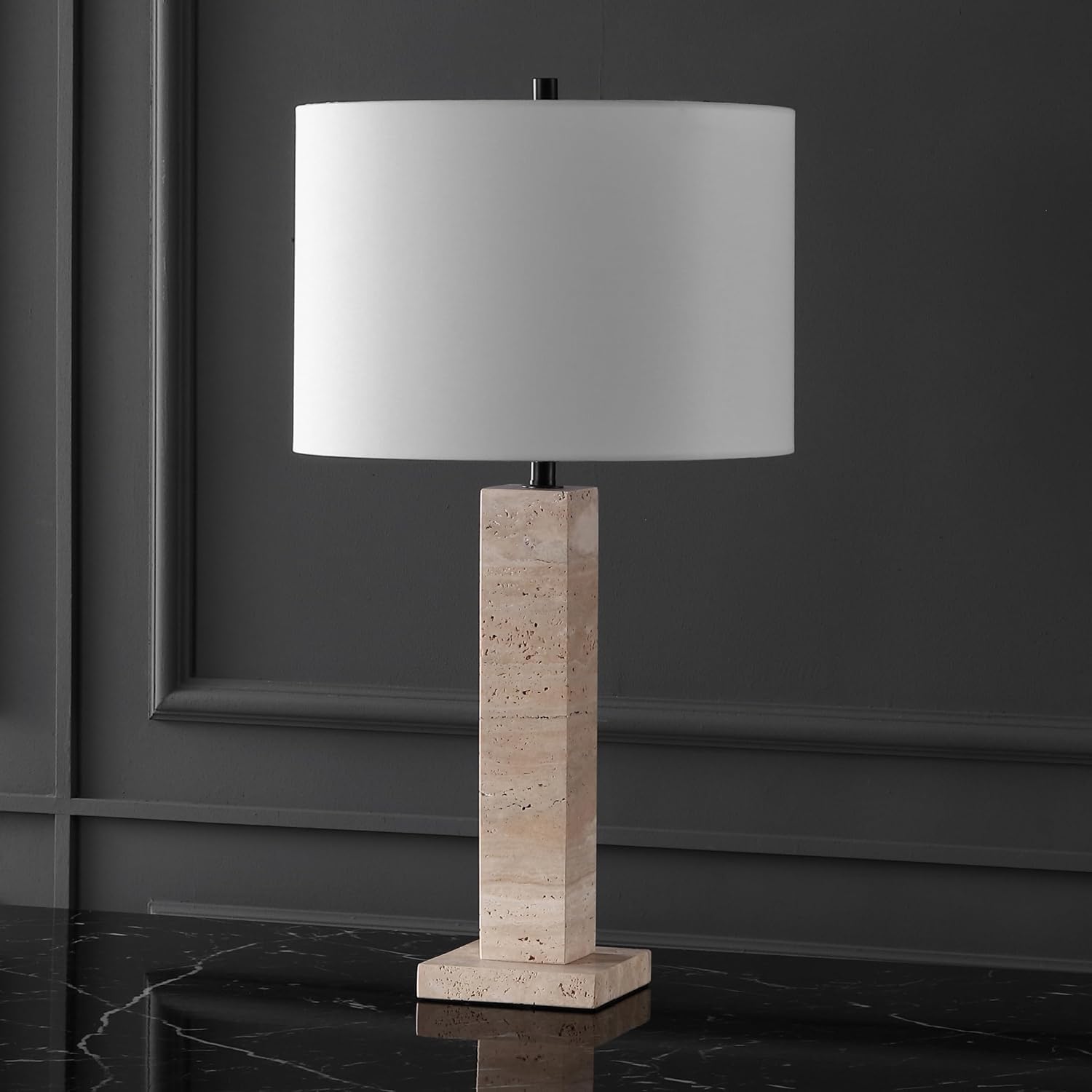 SAFAVIEH Couture Collection Hannabeth Travertine/Black 27-inch Dimmable Table Lamp for Bedroom Living Room Home Office Desk Nightstand