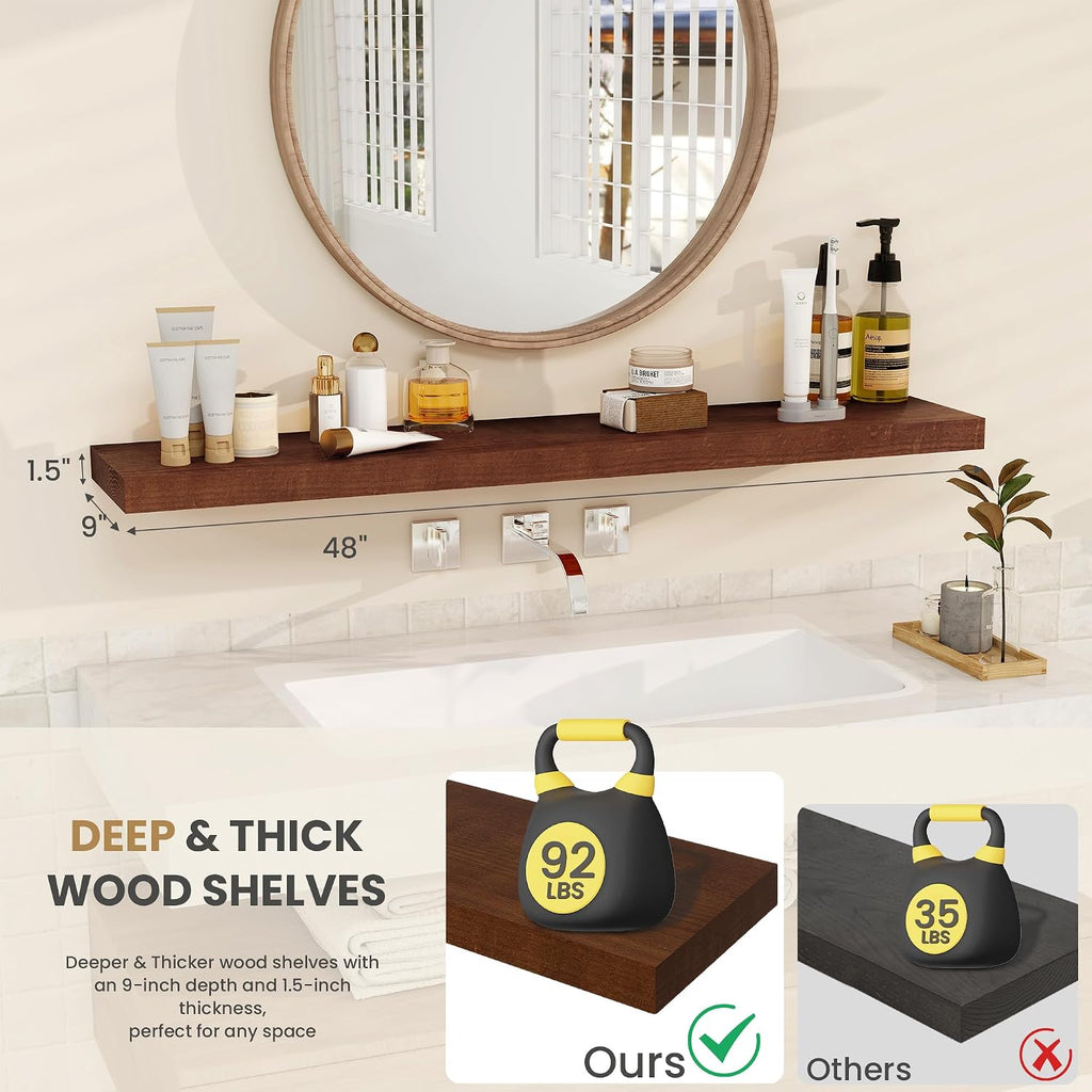 RICHFOCUS Floating Shelves for Wall 48 Inch Solid USA-Sourced Oak Wooden Shelves for Bathroom Kitchen 9' Deep Modern Wood Shelf with Heavy-Duty Bracket for Wall Mounted, Walnut Finish