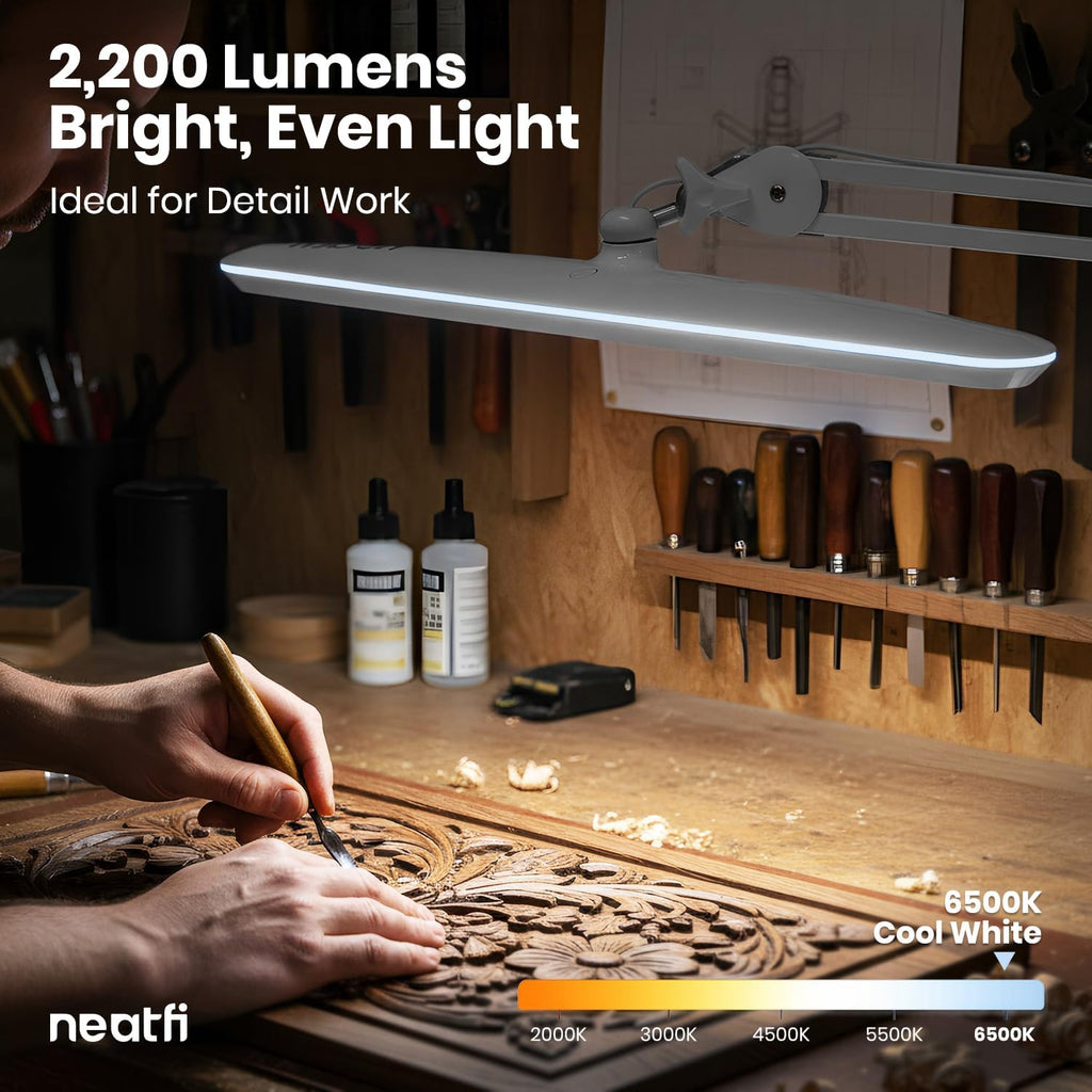 Neatfi XL 2,200 Lumens 24W LED Desk Lamp – 23' Wide Shade | Dimmable Eye-Caring Task Light | Adjustable Arm | Home Office, Study, Crafts & Nail Tech (Silver, Non-CCT with Clamp)