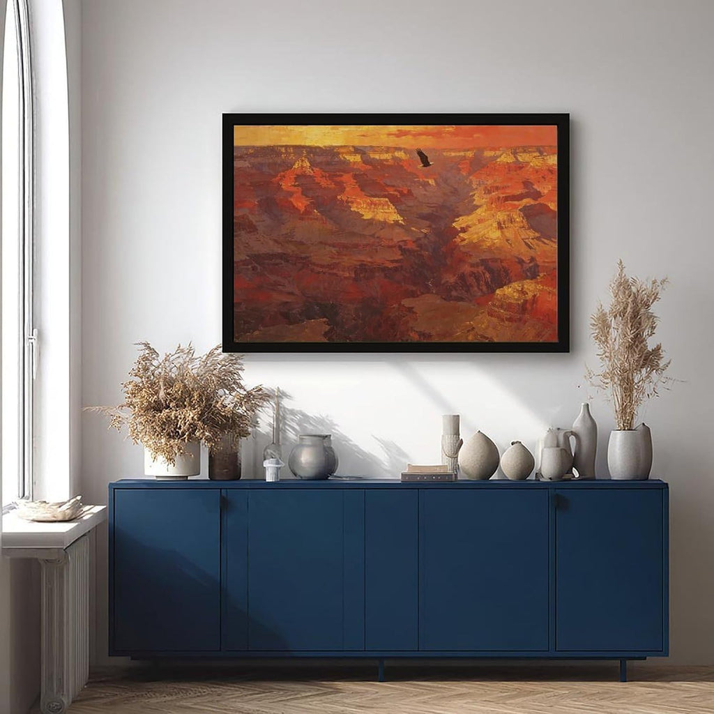 Canyon Sunset Landscape Wall Art Print, Dramatic Red Rock Vista with Soaring Eagle Painting Poster for Home Office Decor 24x36in
