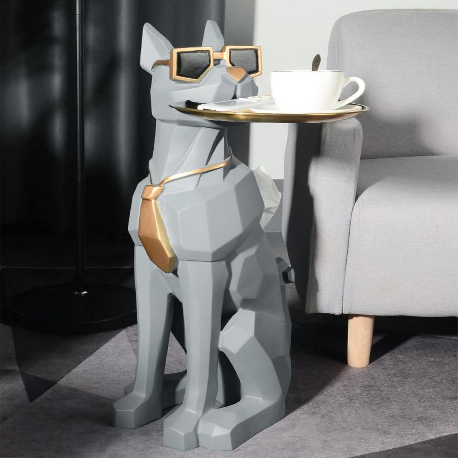 homary Modern Resin Dog Sculpture Geometric Standing Statue Cute Side Table Tray End Table with Tissue Storage (Gray)