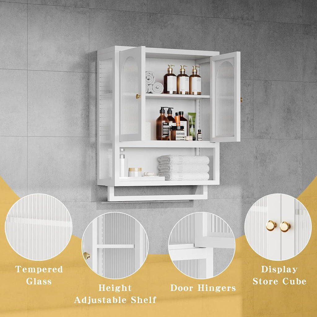 ALBAD Metal Bathroom Wall Cabinet with Fluted Glass Door and Towel Bar Wall-Mounted Medicine Cabinets Above the Toilet for Modern Bathroom, Kitchen, Garage, Laundry Room, White