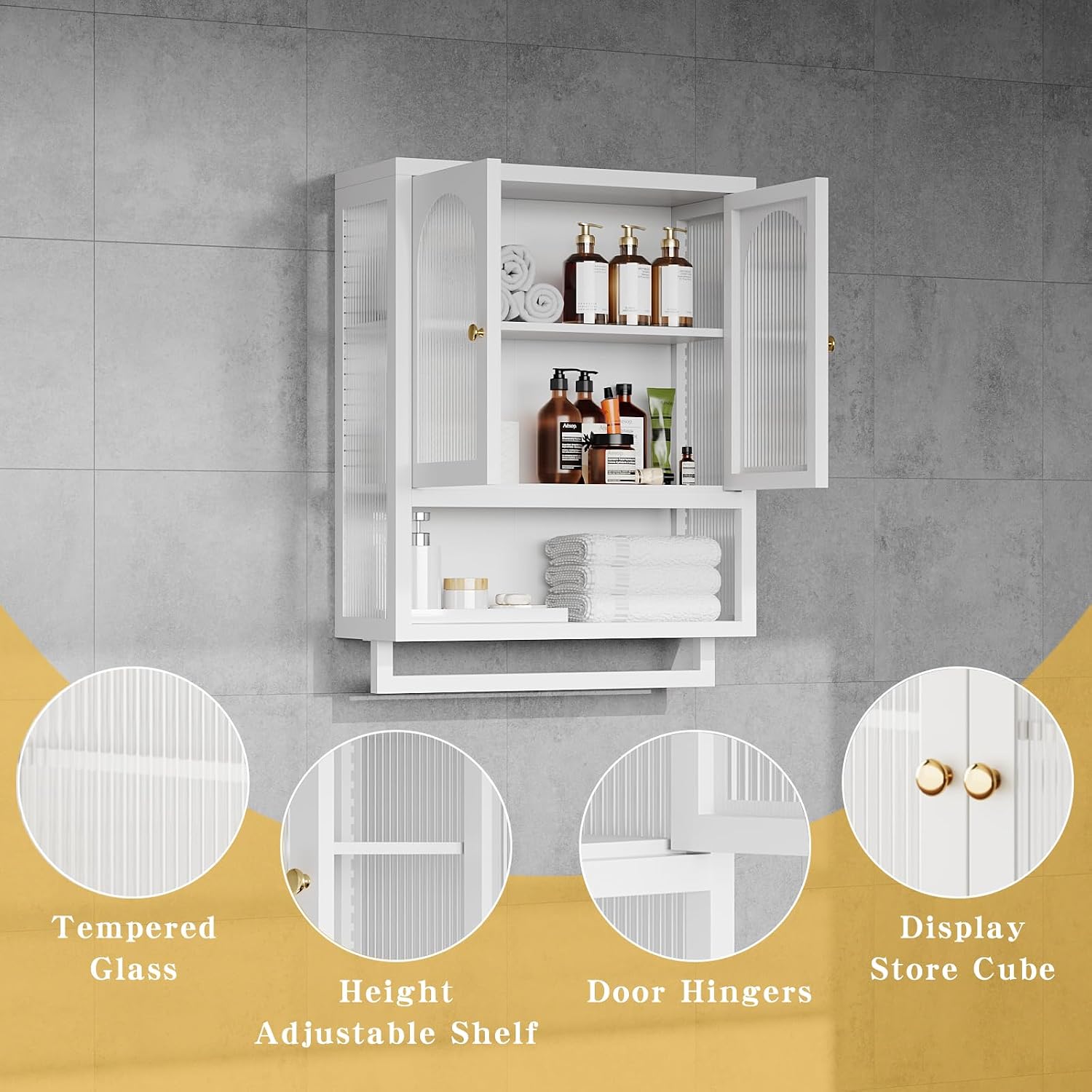 ALBAD Metal Bathroom Wall Cabinet with Fluted Glass Door and Towel Bar Wall-Mounted Medicine Cabinets Above the Toilet for Modern Bathroom, Kitchen, Garage, Laundry Room, White