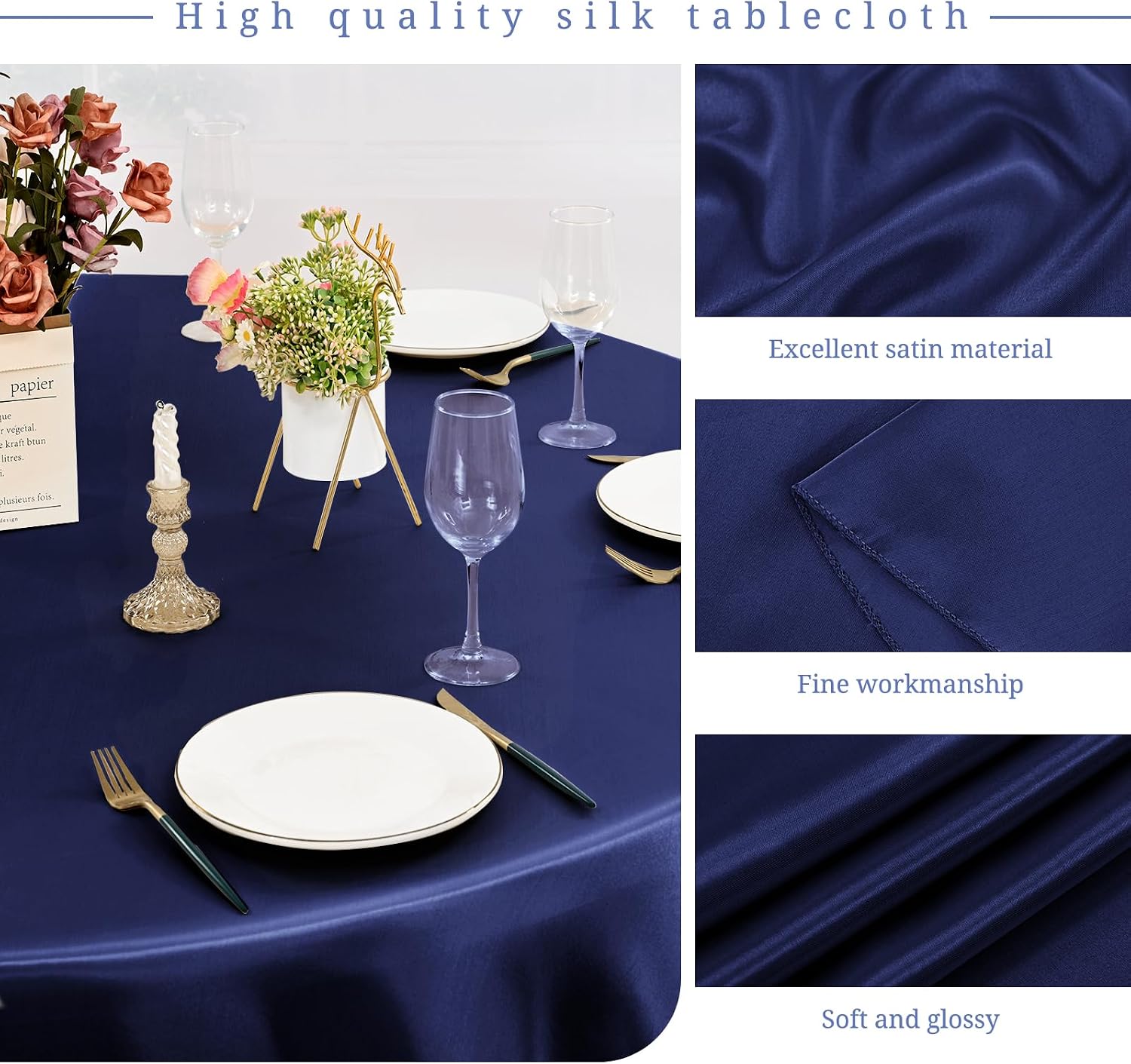 12 Pack 120 Inch Round Tablecloth, Navy Blue Satin Fabric Table Cloth for Round Tables, Wrinkle Resistant Washable TableCover Bright Silk Table Clothes for Wedding Party Dining Tables Banquet