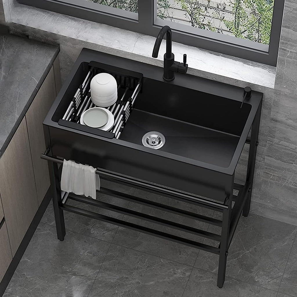Black Utility Single Bowl Sinks Laundry Sink, Free Standing Commercial Restaurant Kitchen Sink,Heavy Duty Floor Mounted Wash Station with Faucet and Storage(68 * 45 * 86cm/26.7 * 17.7 * 33.8in