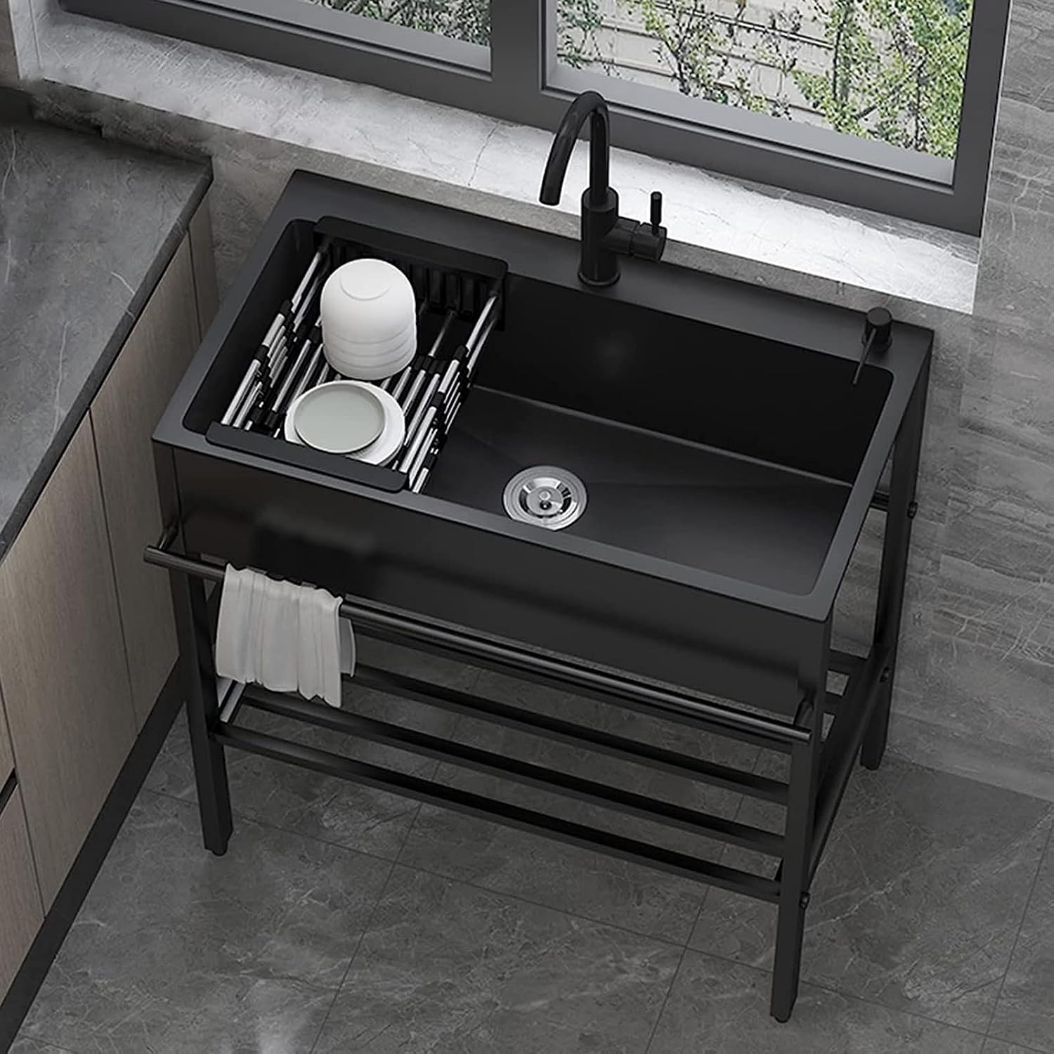 Black Utility Single Bowl Sinks Laundry Sink, Free Standing Commercial Restaurant Kitchen Sink,Heavy Duty Floor Mounted Wash Station with Faucet and Storage(68 * 45 * 86cm/26.7 * 17.7 * 33.8in