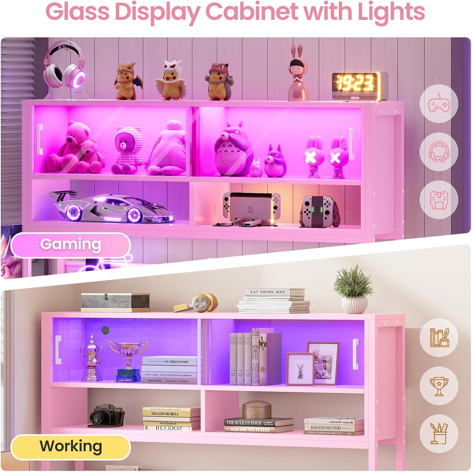 SEDETA L Shaped Gaming Desk, Home Office Computer Desk with 2 Drawer and Bookshelf, L Shaped Gaming Desk with LED Light, Glass Cabinet and Storage Bag, Corner Desk with Storage Shelves, Pink