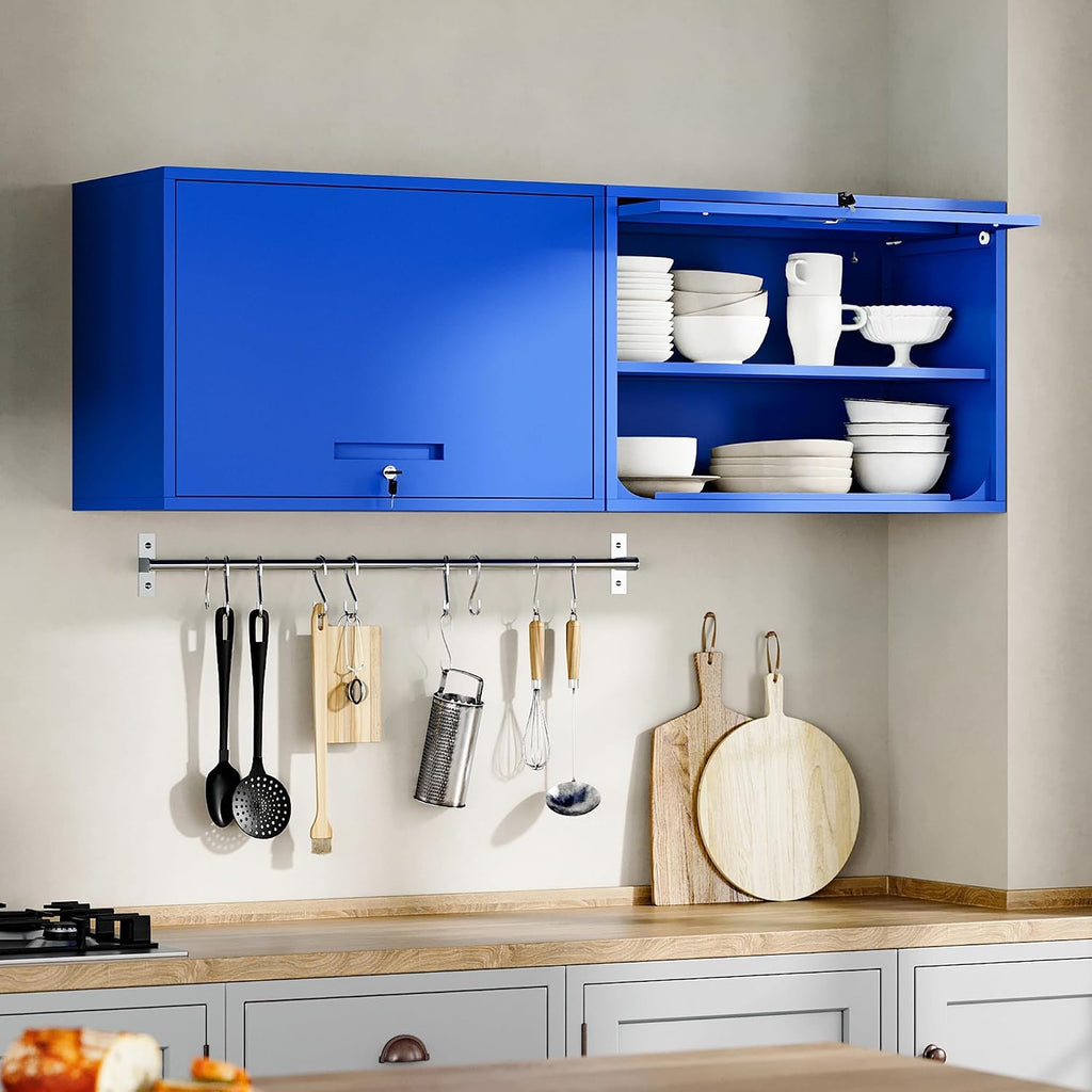 Yizosh Metal Garage Wall Cabinet with Doors and Shelves, Wall Mounted Metal Storage Cabinet, Floating Garage Tool Cabinet for Garage, Basement, Kitchen, Warehouse (Blue, 21.6' H)