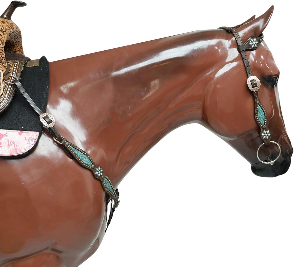Western Leather Headstall and Breast Collar Tack Set – Turquoise Flower Conchos, Copper Ring & Alligator Inlay with Copper Studs – Genuine Argentina Cowhide