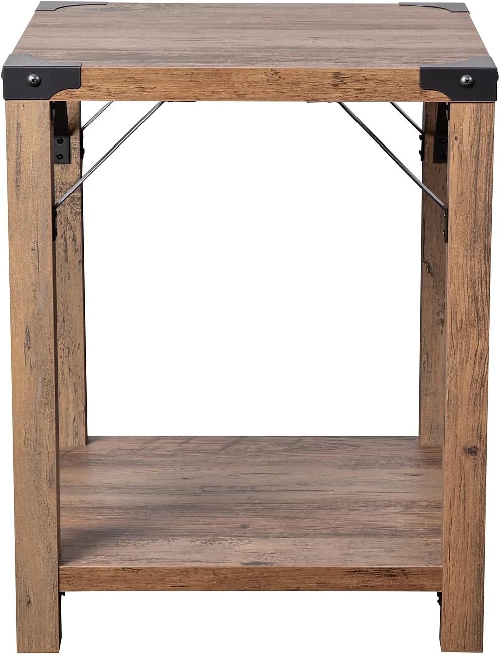 Flash Furniture Wyatt Modern Farmhouse 2 Tier Side Table - Rustic Oak Engineered Wood Frame - Black Metal Crisscross Side Braces and Corner Accents