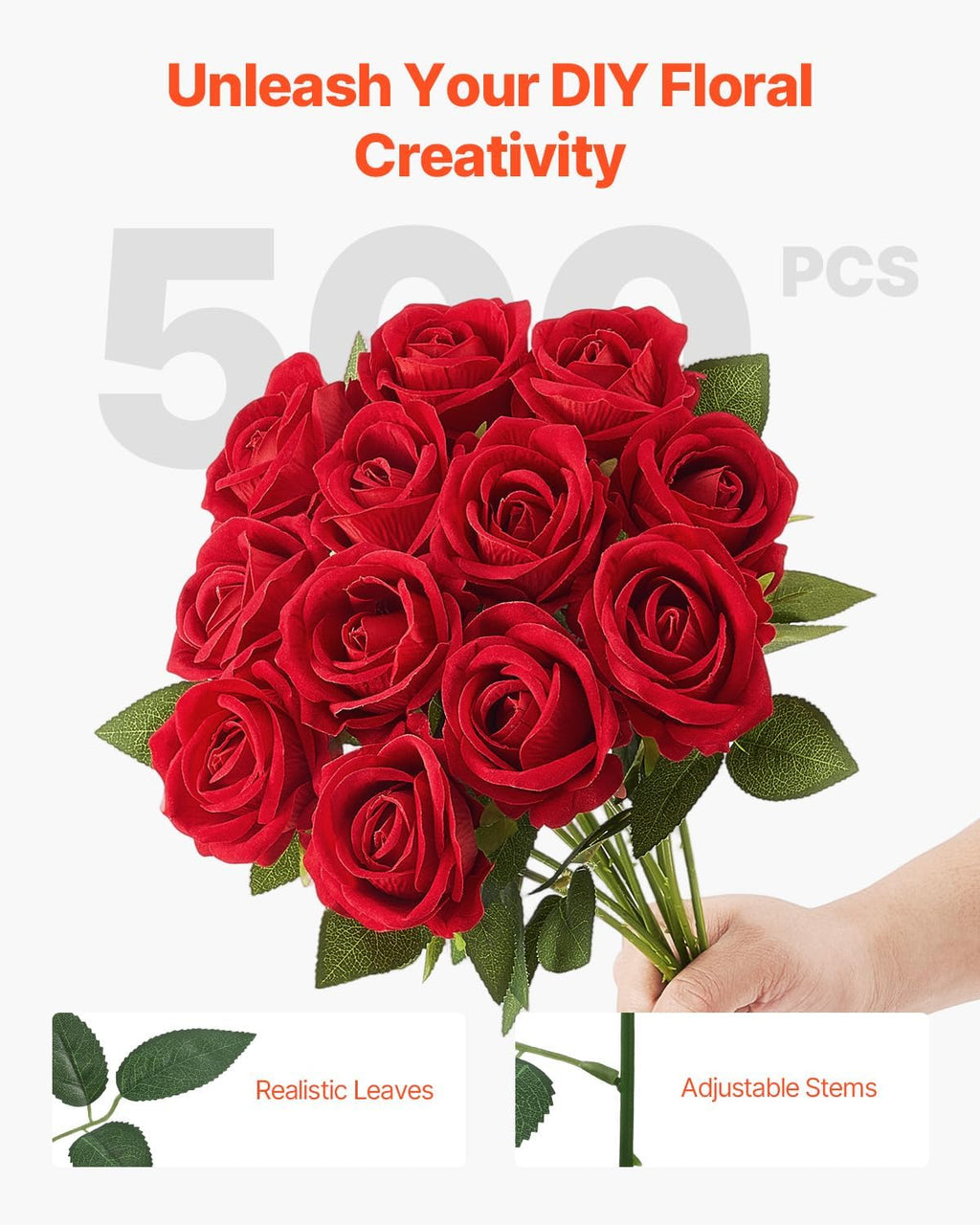 VEVOR Artificial Flowers, 500 pcs Real Looking Red Foam Fake Roses Bulk, Faux Red Bridal Shower with Stems for DIY Wedding Bouquets, Home Centerpieces Arrangements, Party Tables Decorations