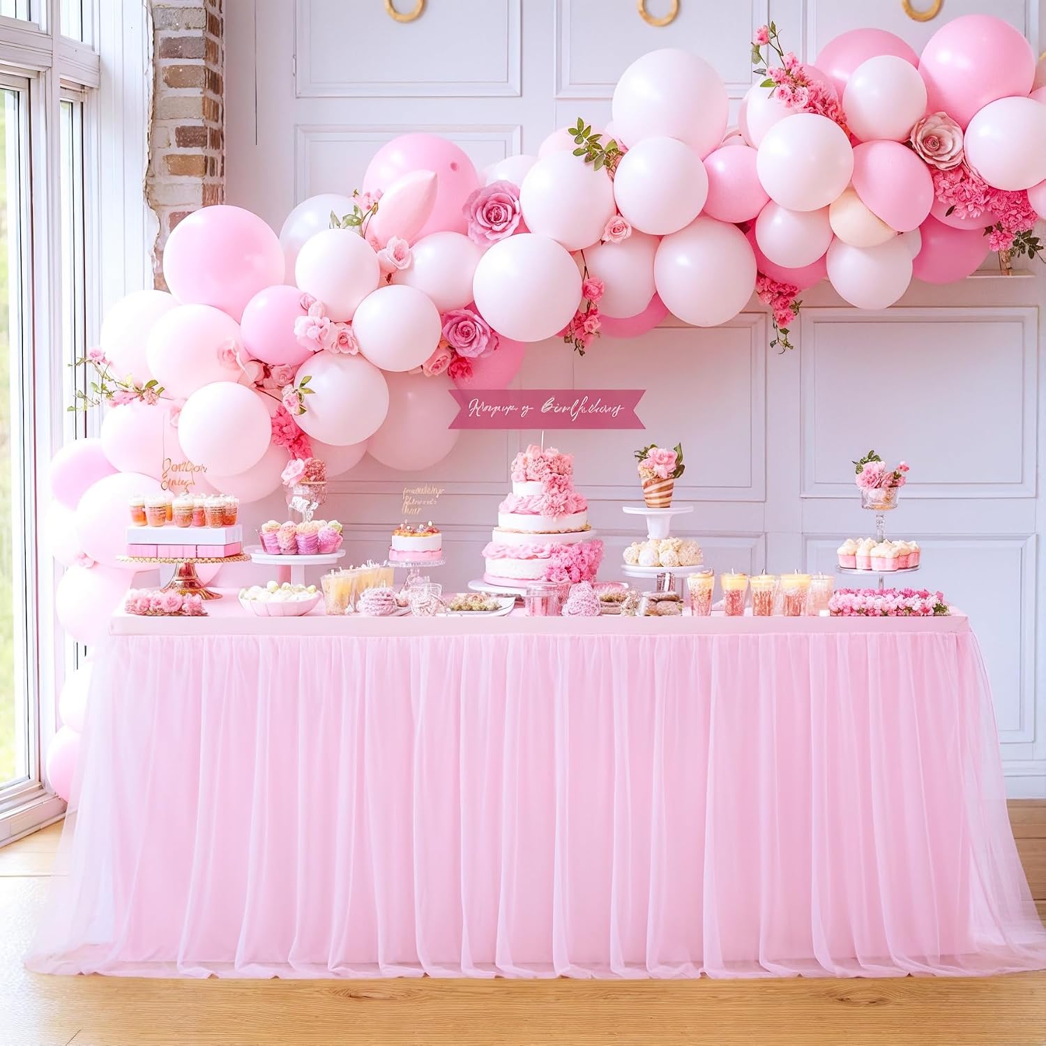 4 Pack 8ft Pink Tablecloths for Rectangle Tables, 8 Foot Pink Rectangular Table Cloth, Wrinkle Free Table Cover with Tutu Skirt for Baby Shower Girls Birthday Party Banquet Buffet Cake Decorations