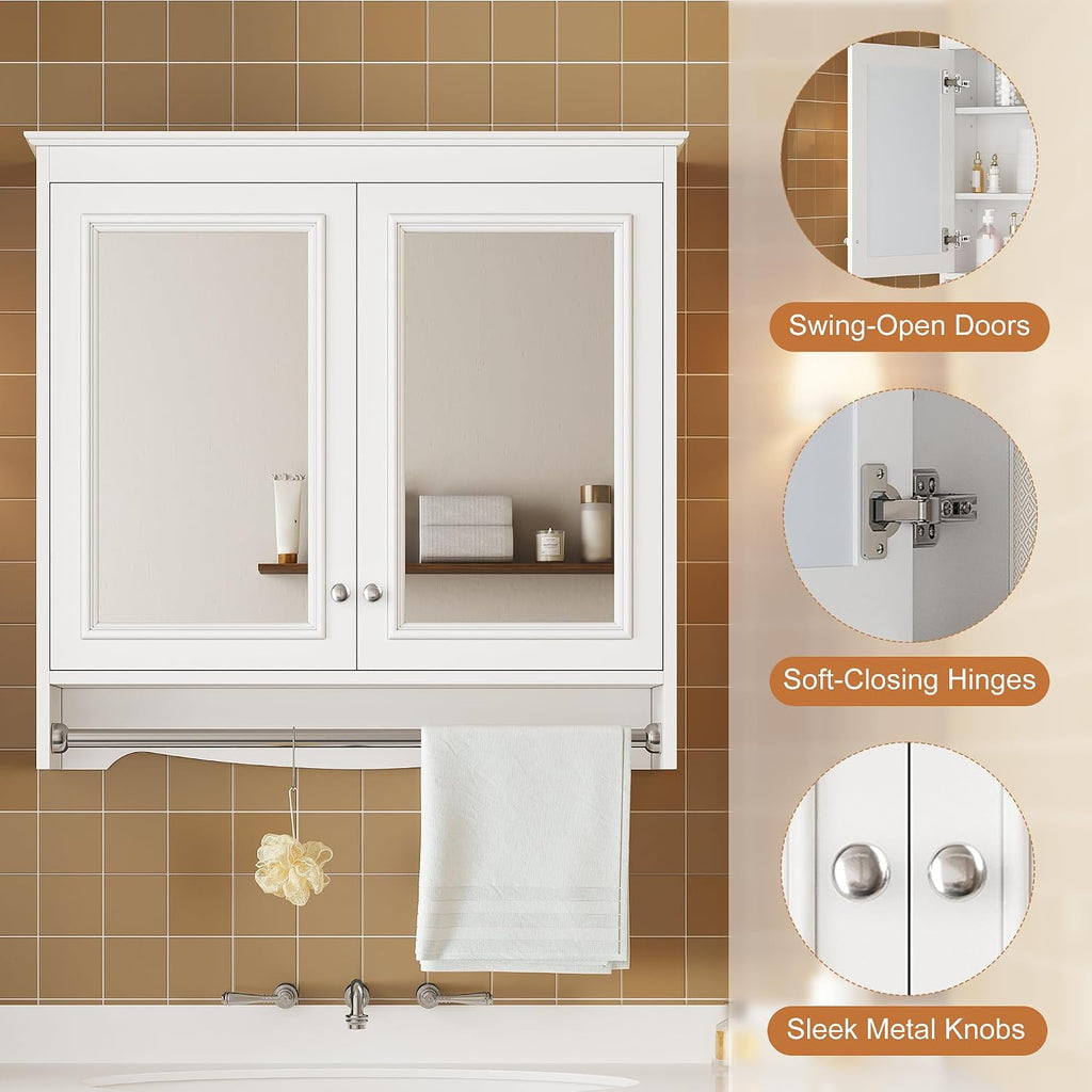 Merax 3-in-1 Bathroom Mirror Cabinet with Adjustable Shelves, Soft Close Doors & Towel Bar, 30' Wall Mounted Medicine Cabinet with High-Definition Mirror, Versatile Storage for Vanity, Bedroom, White