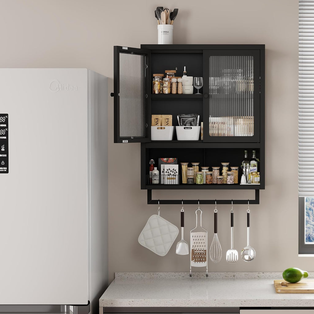 Bathroom Wall Cabinet, Over The Toilet Space Saver Storage Cabinet, Medicine Cabinet with 2 Glass Door and Towel Bar, Metal Wall Mounted Cabinet for Bathroom Laundry Room Kitchen