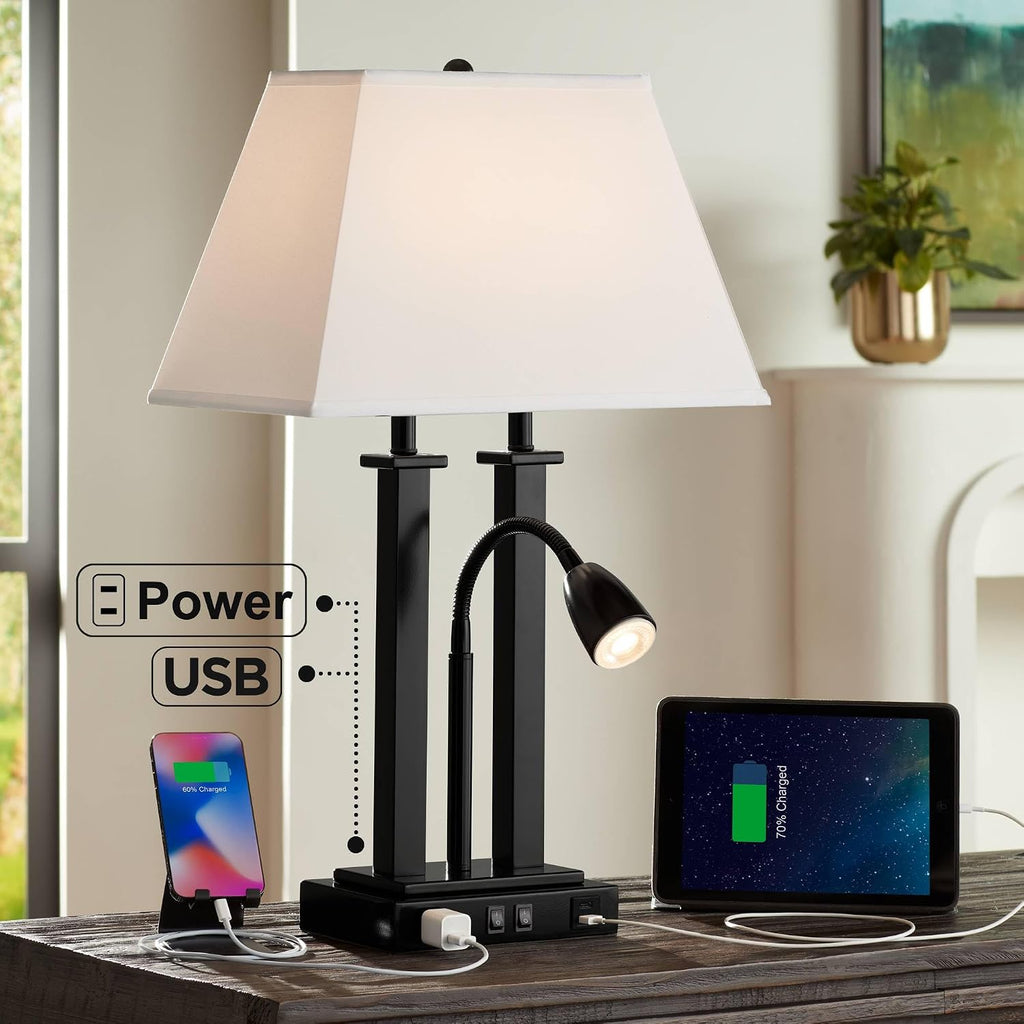 Possini Euro Design Deacon 26' High Modern Gooseneck Desk Lamp with USB Charging Ports A+C and AC Outlet LED Black Metal Oatmeal Linen Fabric Shade for Living Room Bedroom House Bedside Nightstand