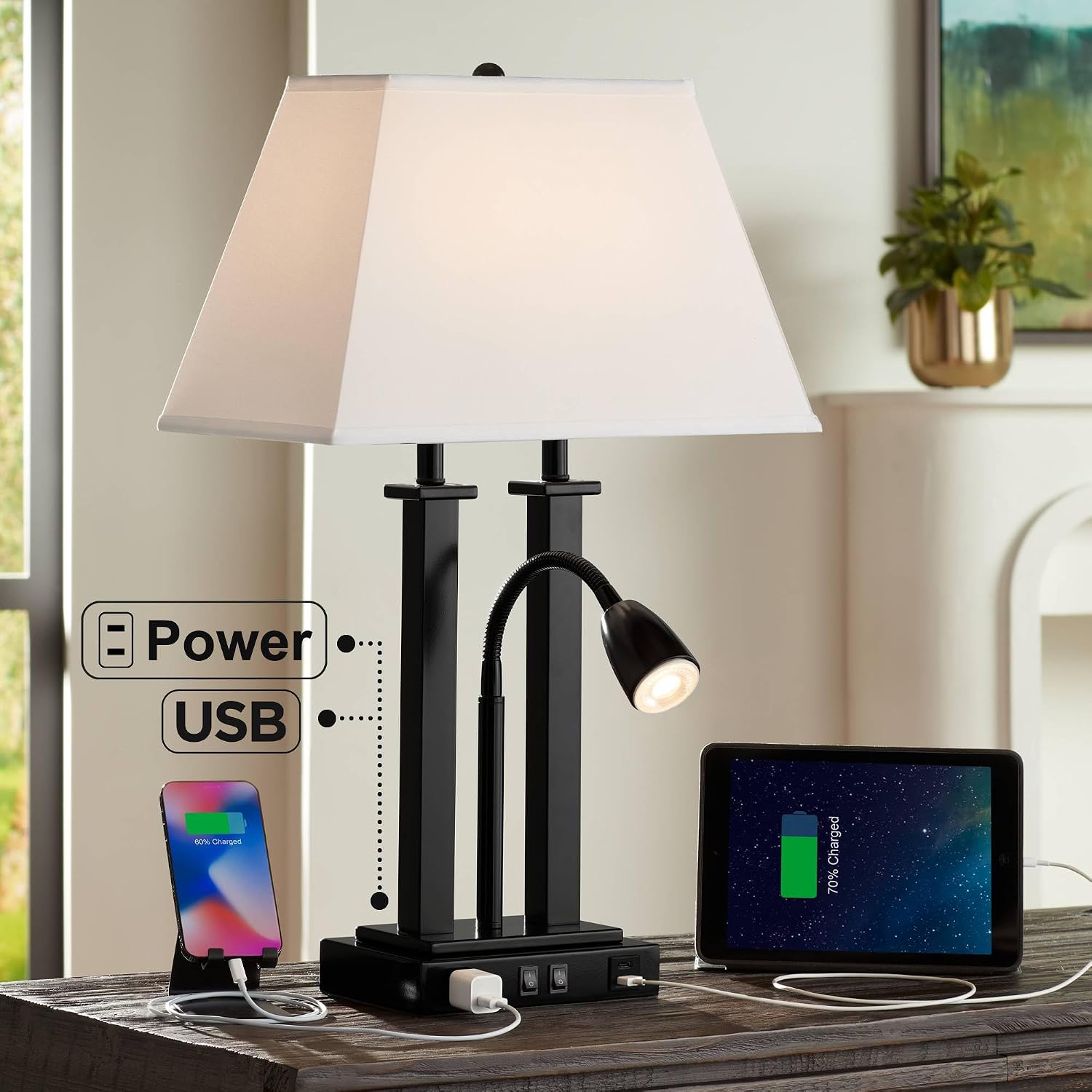 Possini Euro Design Deacon 26' High Modern Gooseneck Desk Lamp with USB Charging Ports A+C and AC Outlet LED Black Metal Oatmeal Linen Fabric Shade for Living Room Bedroom House Bedside Nightstand