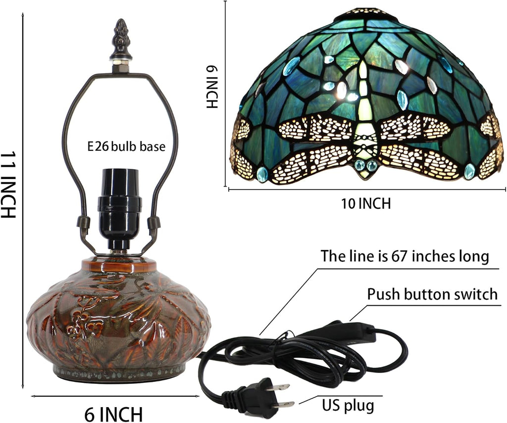Small Tiffany Table Lamp, 10X10X11 Inch Mini Stained Glass Mushroom Desk Light Memory Sympathy Ceramic lamp (Sea Blue Dragonfly Style)