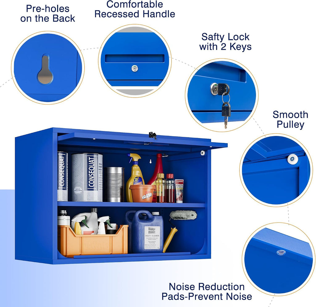 Yizosh Metal Garage Wall Cabinet with Doors and Shelves, Wall Mounted Metal Storage Cabinet, Floating Garage Tool Cabinet for Garage, Basement, Kitchen, Warehouse (Blue, 21.6' H)