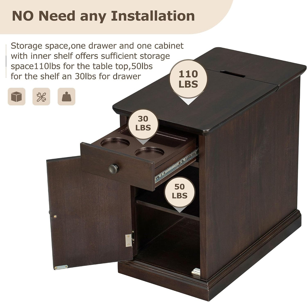 Multifunctional Classic Vintage End Table with USB Ports and 1 Drawer with Cup Holders, Sofa Side Narrow Table, Bedside Nightstand for Living Room Bedroom (Antique Espresso)