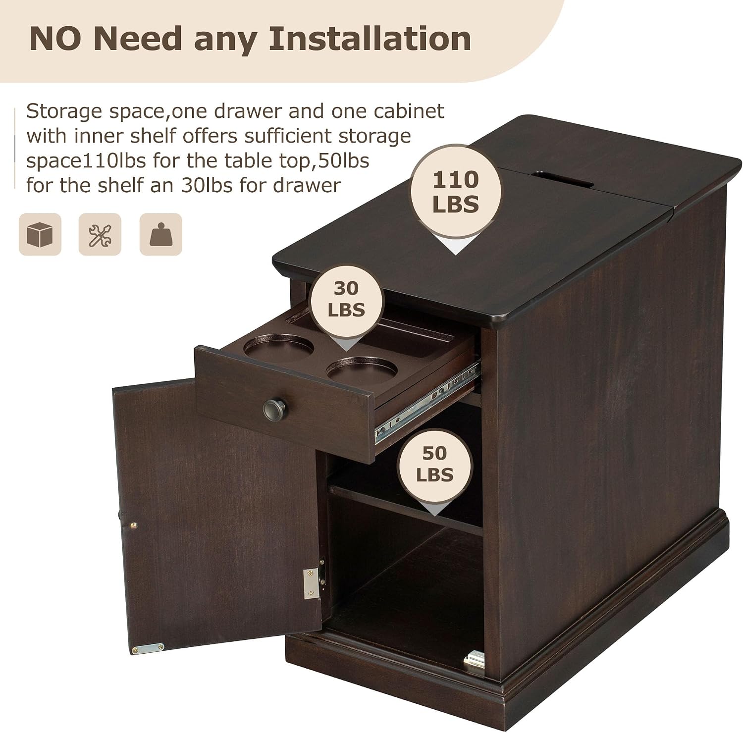 Multifunctional Classic Vintage End Table with USB Ports and 1 Drawer with Cup Holders, Sofa Side Narrow Table, Bedside Nightstand for Living Room Bedroom (Antique Espresso)