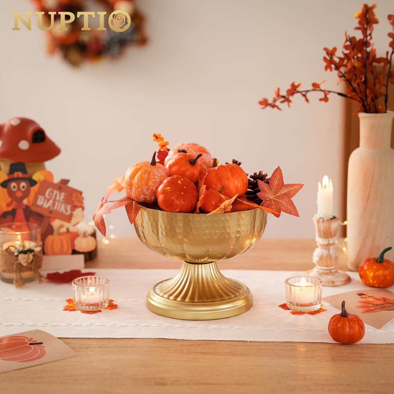 NUPTIO Gold Vases for Centerpieces Wedding: Hammered Brass Compote Vases for Small Flowers Arrangements - Metal Pedestal Bowl for Table Home Decor Set of 10