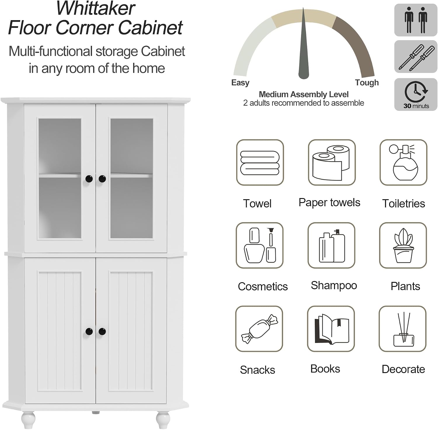 Tall Corner Cabinet with Glass Doors, White Corner Shelf for Living Room | Tempered Glass, Painted, Adjustable Shelves, Roman Column Legs, Anti-Tipping Device, Assembly Required, Large Storage Space