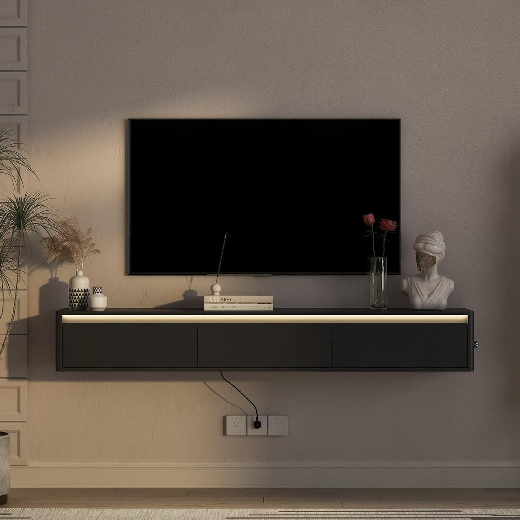 Floating TV Stand, Wall Mounted TV Shelf with LED Lights & Power Outlet, 69' Modern Entertainment Center Media Console with Storage, High Gloss TV Cabinet for Living Room（Black）