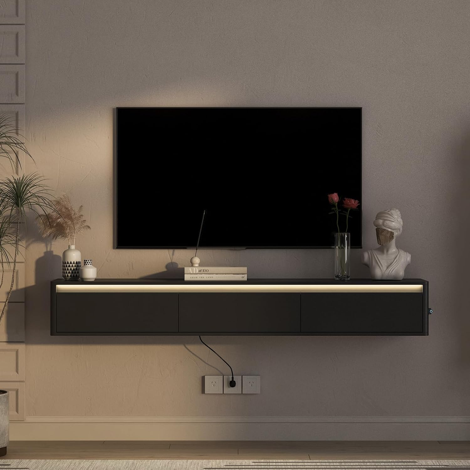 Floating TV Stand, Wall Mounted TV Shelf with LED Lights & Power Outlet, 69' Modern Entertainment Center Media Console with Storage, High Gloss TV Cabinet for Living Room（Black）