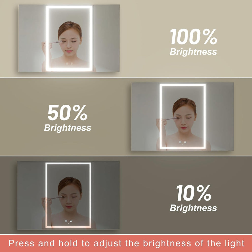 KWW LED Lighted Bathroom Medicine Cabinet with Sockets & USBs, Defogger, Dimmable, 3 Color Light Makeup Mirror, Easy to Install, Wall Mounted Cabinet (3 door-40 * 28)
