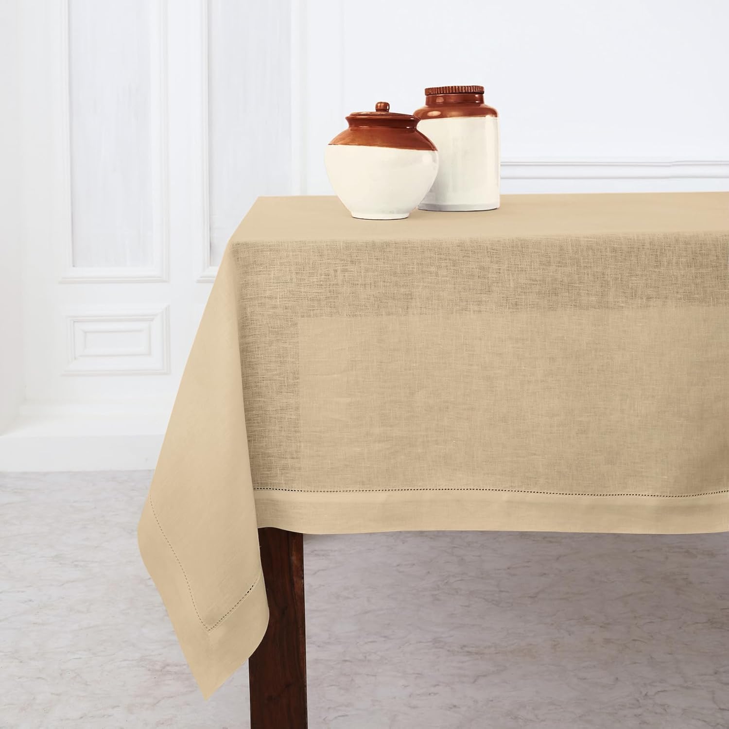 Solino Home Beige Linen Tablecloth 60 x 120 Inch - Classic Hemstitch, 100% Pure Linen Rectangular Tablecloth - Machine Washable Table Cloth for Summer
