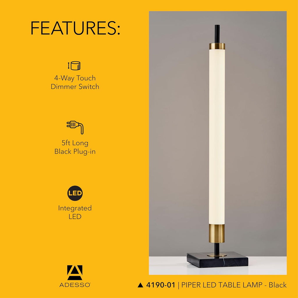 Adesso LED Table Lamp – Black with Antique Brass and Frosted Shade, 4-Way Brightness, 12W Integrated LED Accent Light for Living Room, Bedroom, and Home Office, 30' Tall