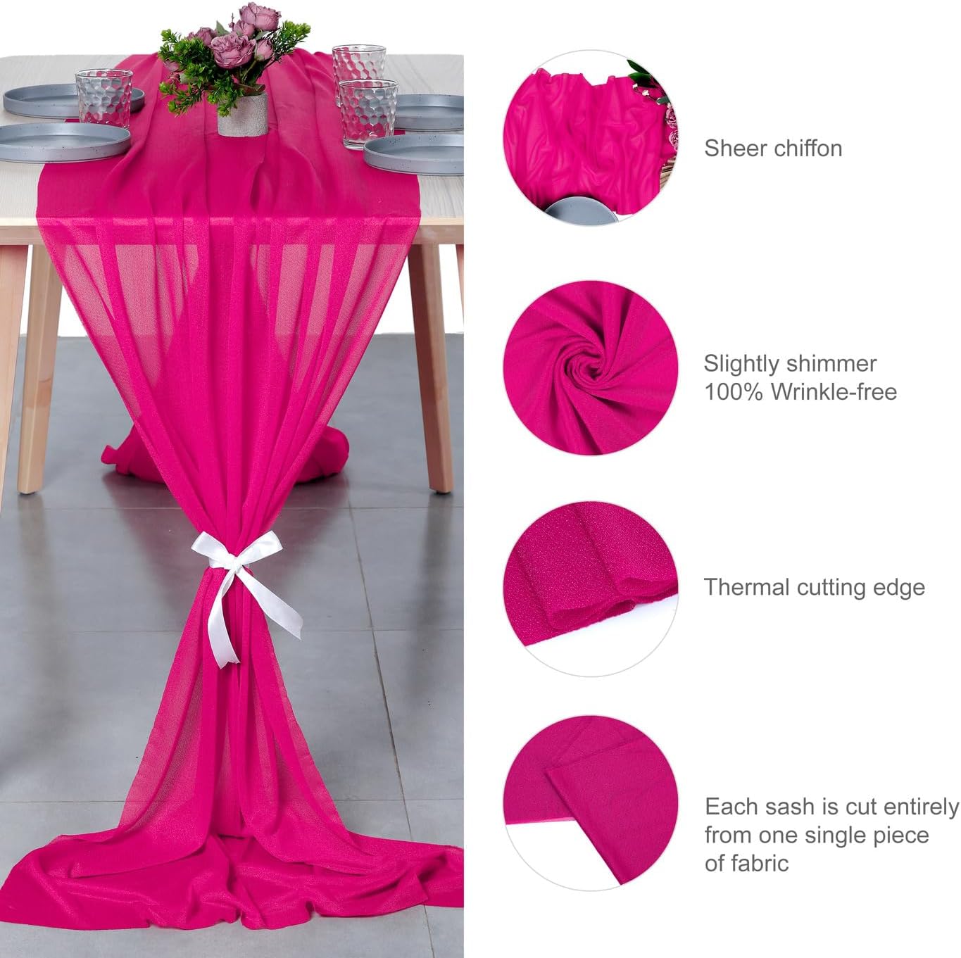 VDS 14ft Chiffon Table Runner 29x170 Inches Shimmer Sheer Centerpiece Cloth for Wedding Bridal Shower Birthday Graduation Engagement Ceremony Event Party Banquet Table Decoration (15 PC)(Hot Pink)