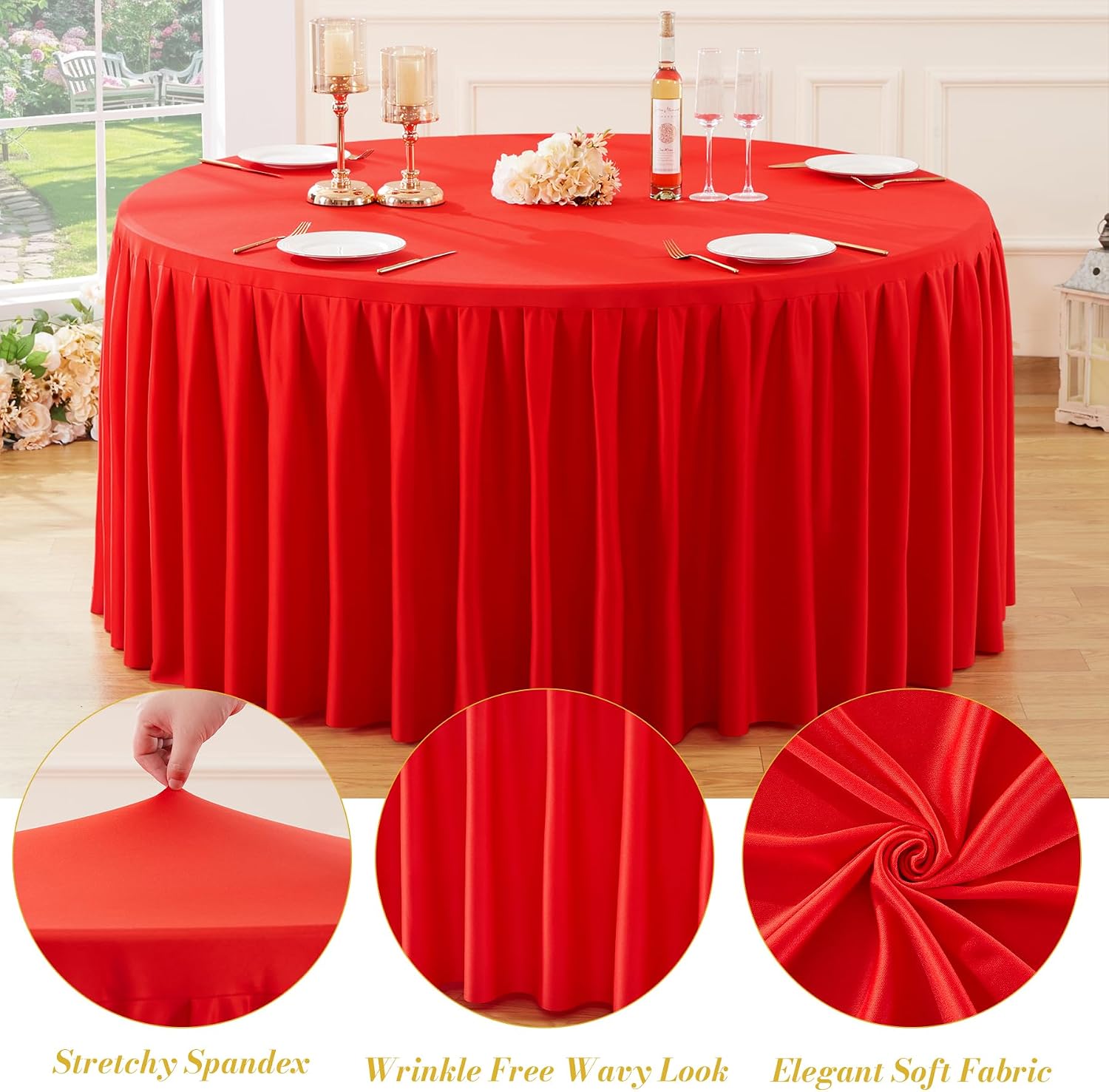 6 Pack Red Round Tablecloth 60 inch Stretch Spandex Fitted Table Cloth 5FT Round Banquet Tablecloths Wrinkle Free Table Cover Stitch Circle Tablecloth with Ruffle Skirt for Party Wedding Birthday