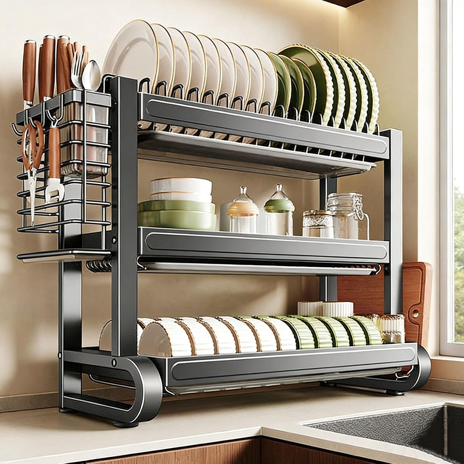 Multifunctional Kitchen Countertop Dish Utensil Holder,Stainless Steel Storage Shelf Home Kitchen,for Storage and Organization,for Dishes, Glasses, Bowls(Triple Layer Gray,55cm/21.8in)
