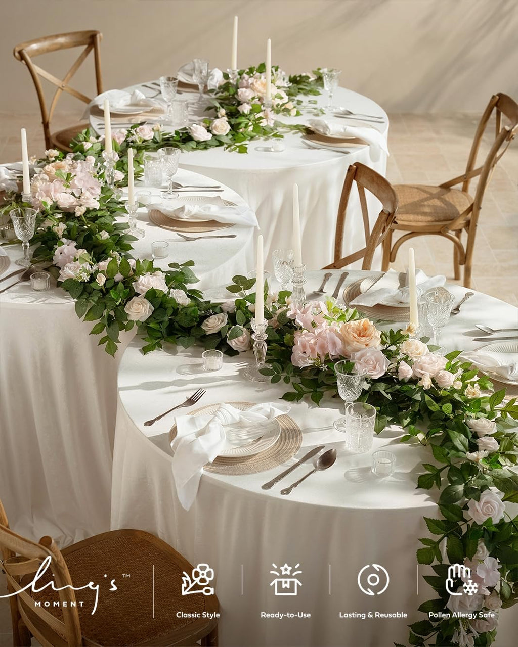 Ling's Moment 9FT Spring Flower Garland for Backdrop Decorations - Wedding Arch Flowers, Eucalyptus & Rose, Artificial Floral Garland for Mantel - Sweetheart Table Decor for Reception, Cream