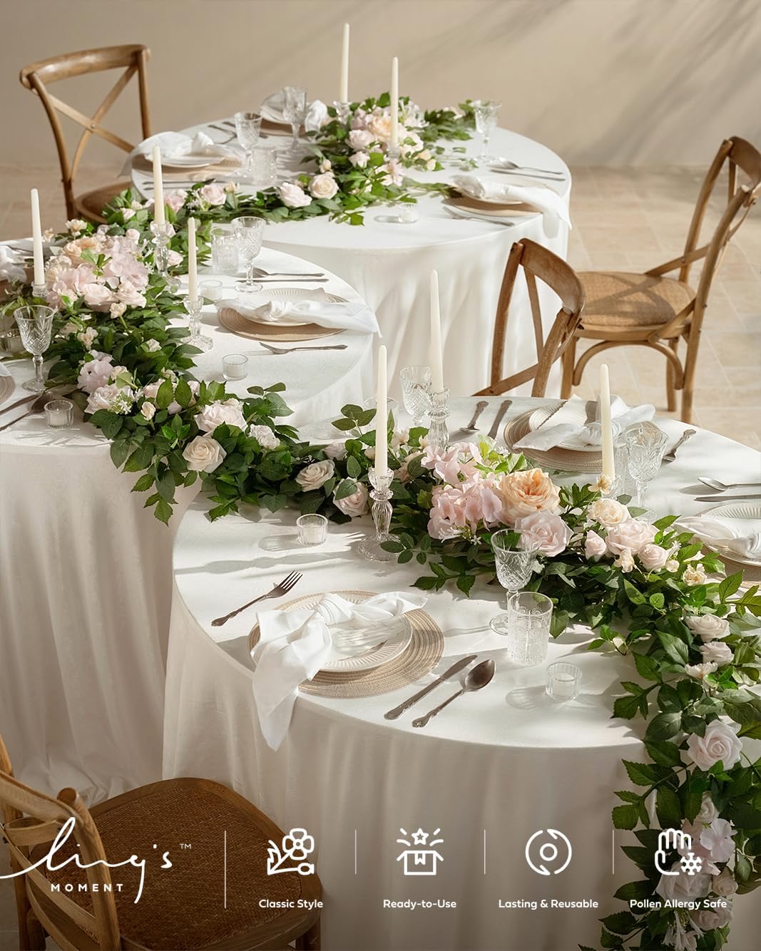 Ling's Moment 9FT Spring Flower Garland for Backdrop Decorations - Wedding Arch Flowers, Eucalyptus & Rose, Artificial Floral Garland for Mantel - Sweetheart Table Decor for Reception, Cream