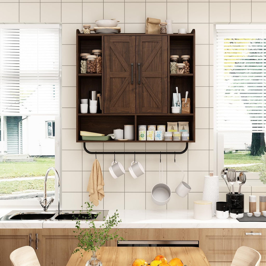 RUSTOWN Rustic Wood Wall Bathroom Cabinet, Farmhouse Medicine Cabinet Wall Mounted, Space Saving Wall Storage Cabinet with 2 Barn Door, 3-Tier Adjustable Shelves and Towel Bar(Dark Walnut)