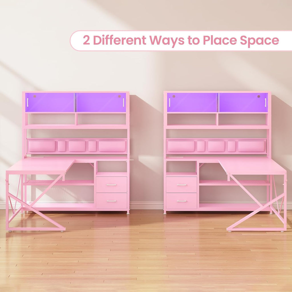 SEDETA L Shaped Gaming Desk, Home Office Computer Desk with 2 Drawer and Bookshelf, L Shaped Gaming Desk with LED Light, Glass Cabinet and Storage Bag, Corner Desk with Storage Shelves, Pink