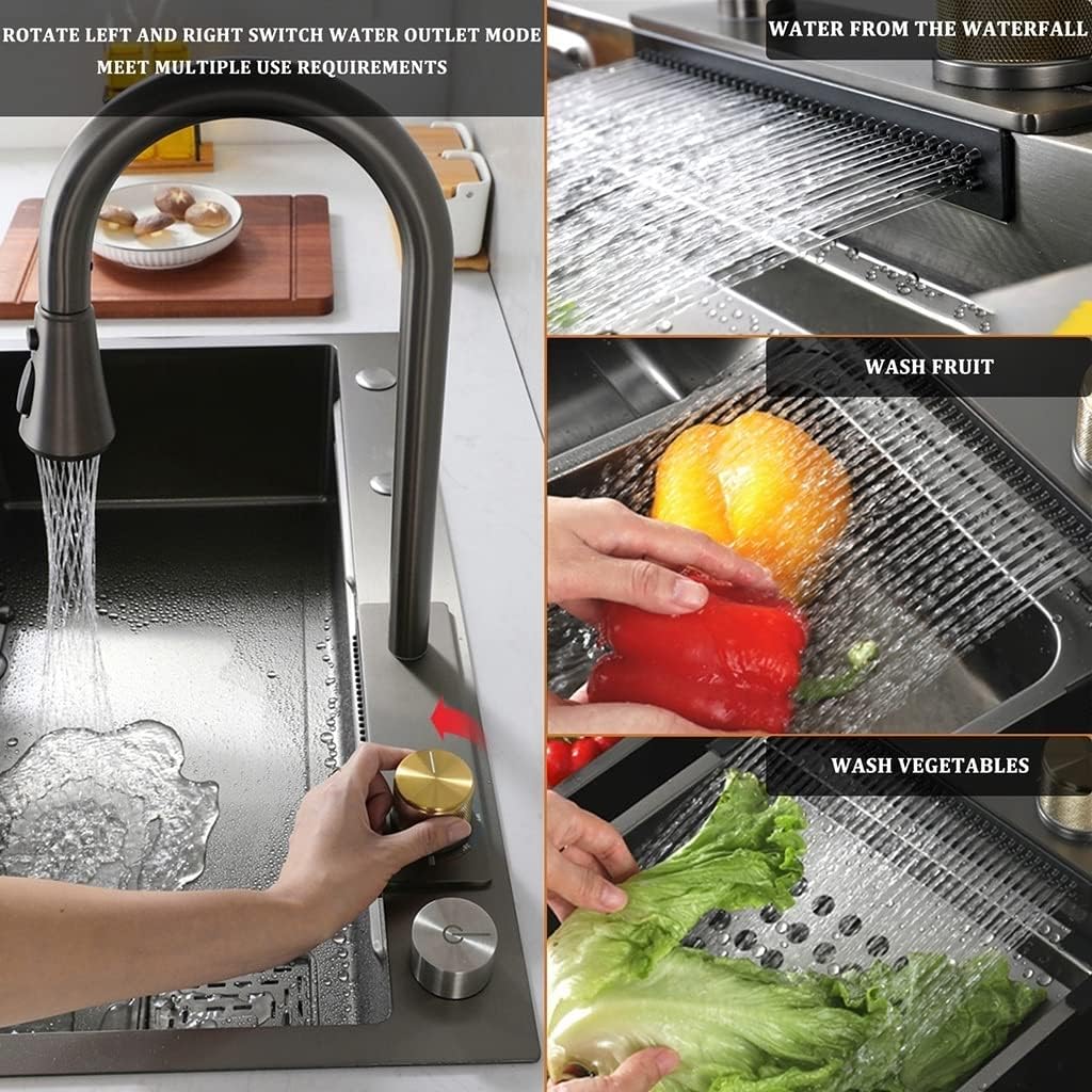 Kitchen Waterfall Sink Stainless Steel Single-Bowl Bar Prep Sink -Coated Workstation Sink with Waterfall Pull-Down Faucet and Cplete Accessory Set (Color : Black, Size : 68x45x21cm)