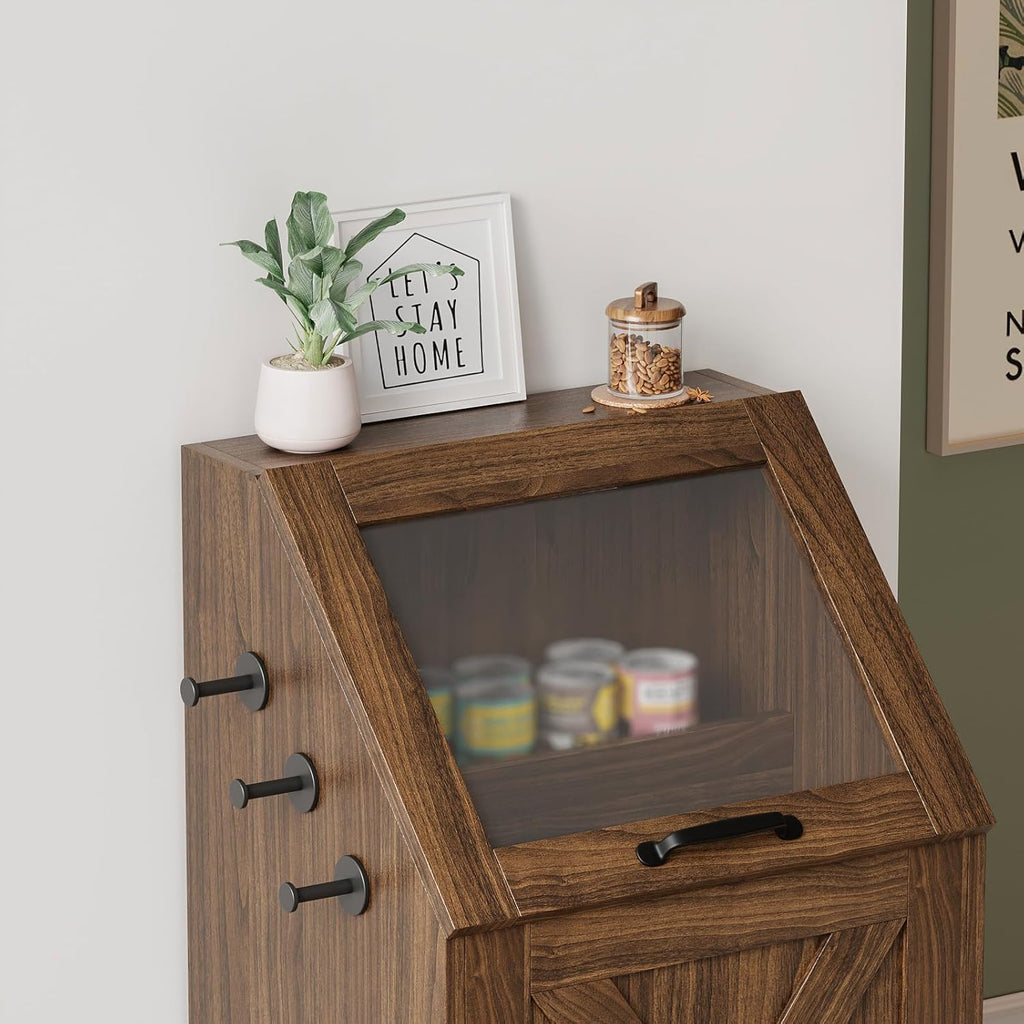 Dog Feeding Station with Storage,Wooden Pet Food Storage Cabinet,Equipped with 2 High Footed Bowls and 3 Hooks,Top Glass Flip Cover,Anti Tipping Device (Dog Feeding Station-Walnut)