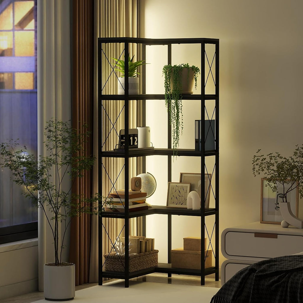Corner Bookshelf, 5 Tier Industrial Style Design Corner Shelf with Metal Frame and Open Shelves for Living Room, Bedroom, Study, Black