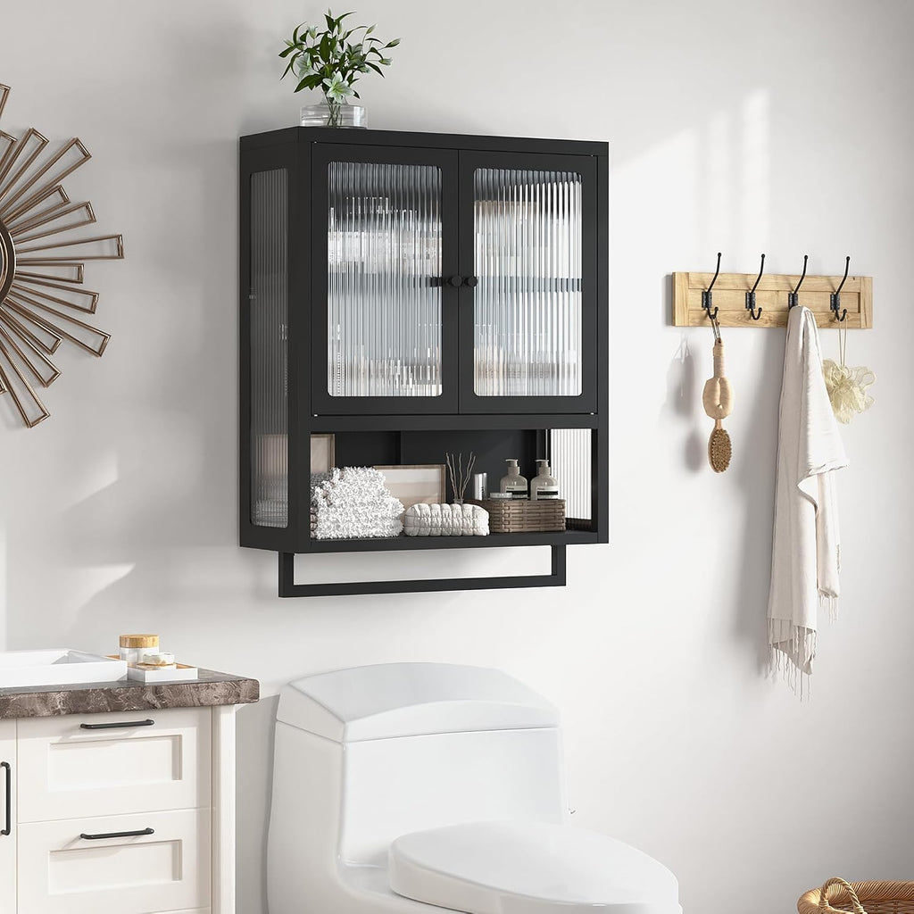 Bathroom Wall Cabinet, Over The Toilet Space Saver Storage Cabinet, Medicine Cabinet with 2 Glass Door and Towel Bar, Metal Wall Mounted Cabinet for Bathroom Laundry Room Kitchen