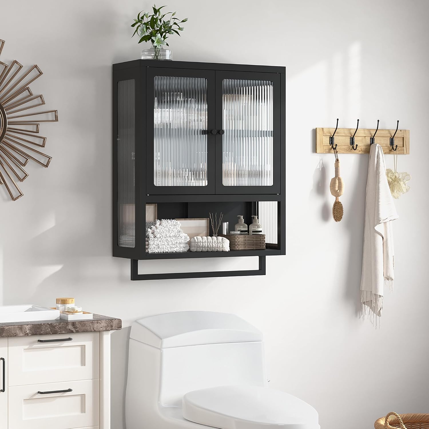 Bathroom Wall Cabinet, Over The Toilet Space Saver Storage Cabinet, Medicine Cabinet with 2 Glass Door and Towel Bar, Metal Wall Mounted Cabinet for Bathroom Laundry Room Kitchen