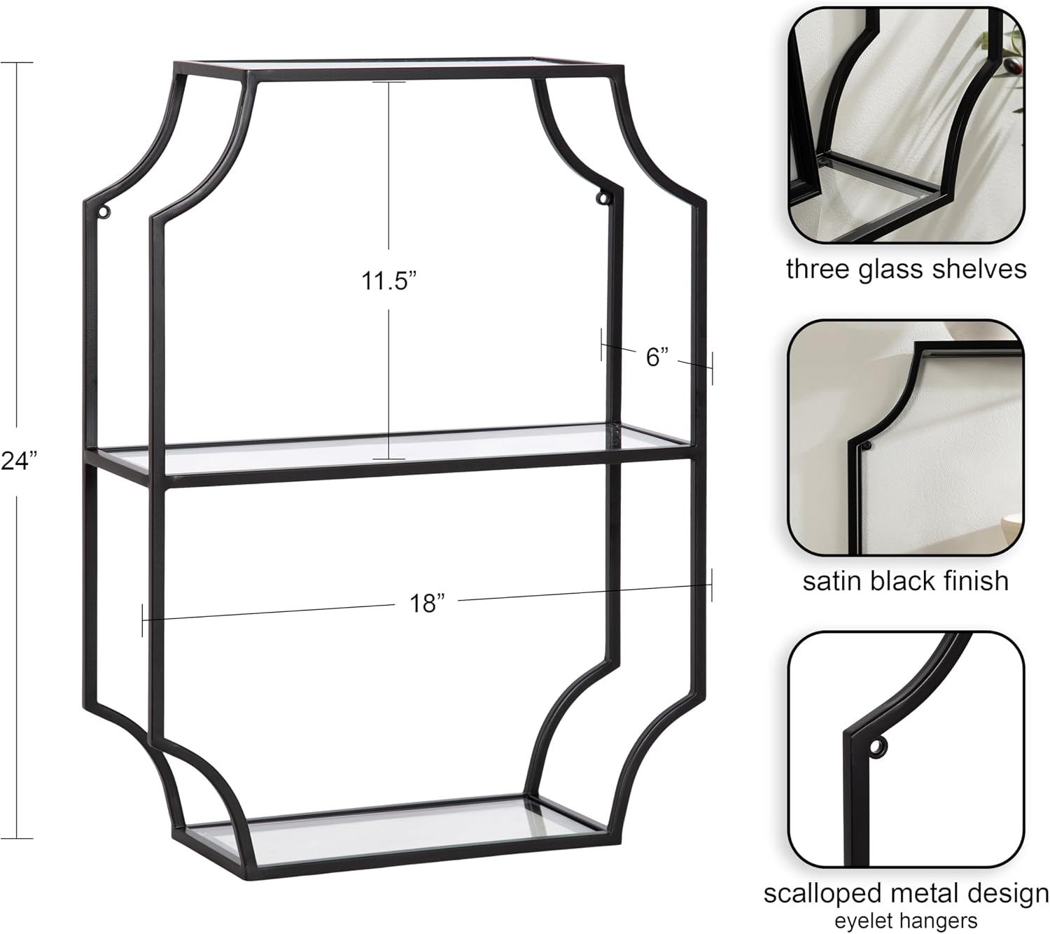 Kate and Laurel Ciel Glam Geometric Rectangular Wall Shelf; 18 x 24; Black; Decorative Shelves for Use as Over-the Toilet Storage or Bedroom Display Shelving