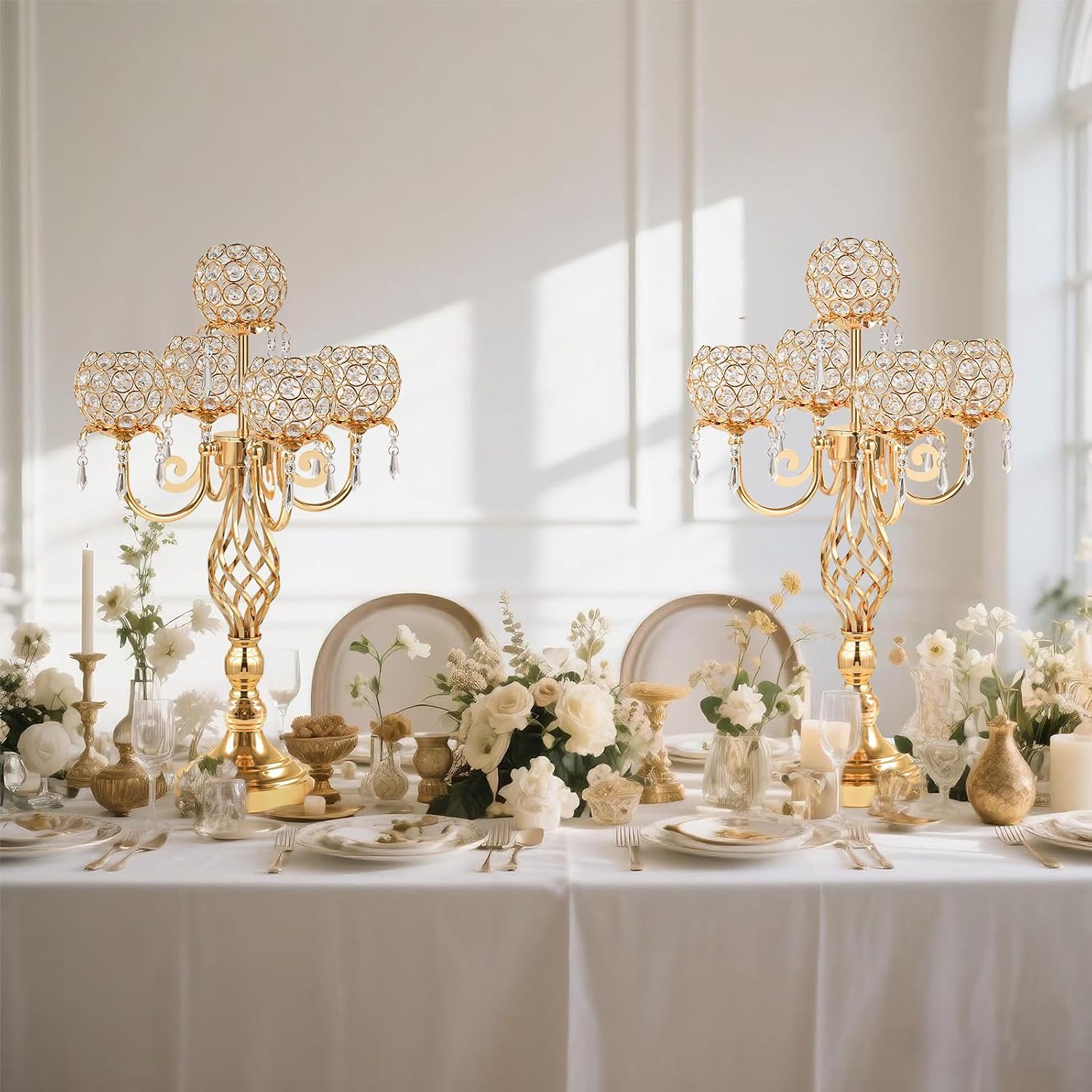 5-Arm Crystal Candelabra Centerpiece 23.2' Tall - Elegant Candle Holder Stand with Crystal Bowl, Chic Table Decor for Weddings, Parties, Anniversary & Home Decoration (4, Gold)